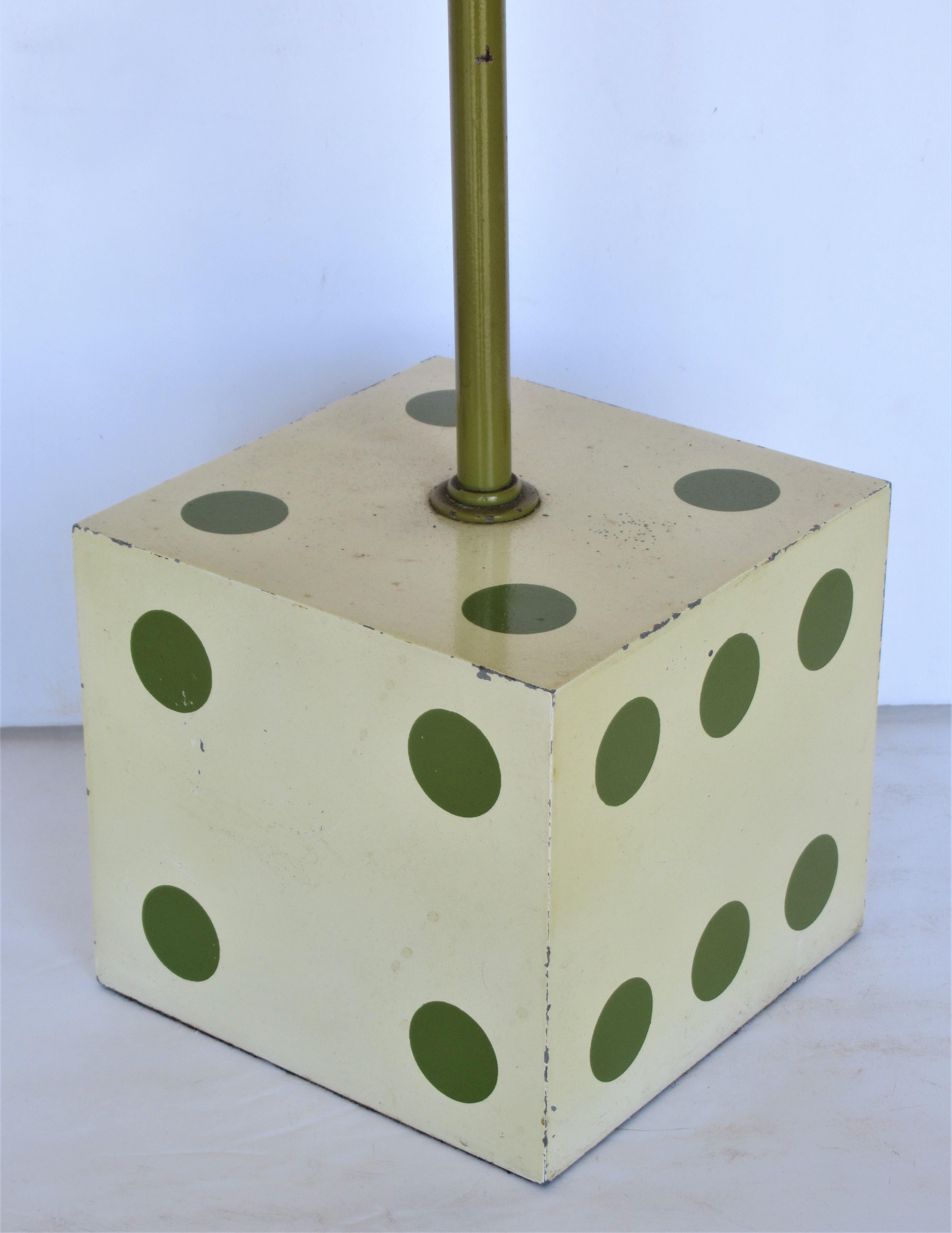 Mid 20th century modern table lamp with original factory enamel painted metal dice form base. Measures 24