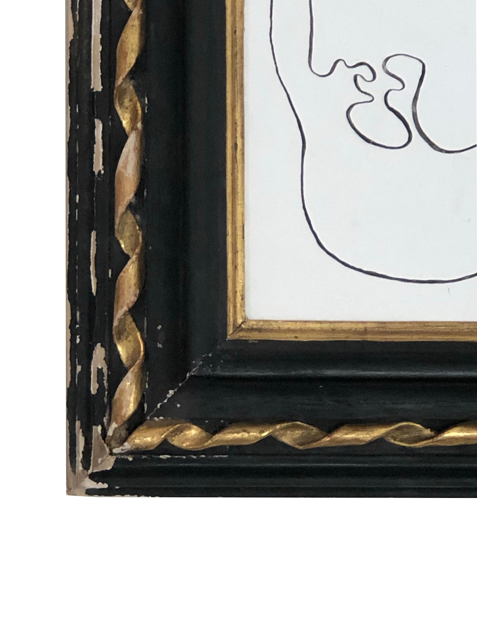 Beautiful modern painting line art style entitled Modern Duo. The subject matter is reminiscent of Picasso style artwork. The painting canvas is prepared with Venetian plaster and framed in an antique black and gold gesso and wood frame.