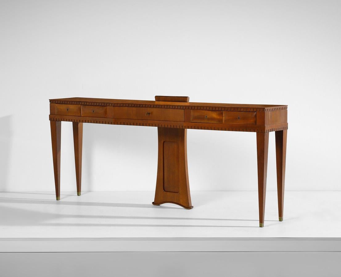 Elegant Five Drawers Console by Mario Quarti (1911 - 1985)
circa: 1940s
Technique: Wood and brass.
Measures: 92.5 x 211.0 x 37.0 cm

This elegant Five Drawers Console was designed by Paolo Buffa and produced by Mario Quarti in Milan, Italy in the