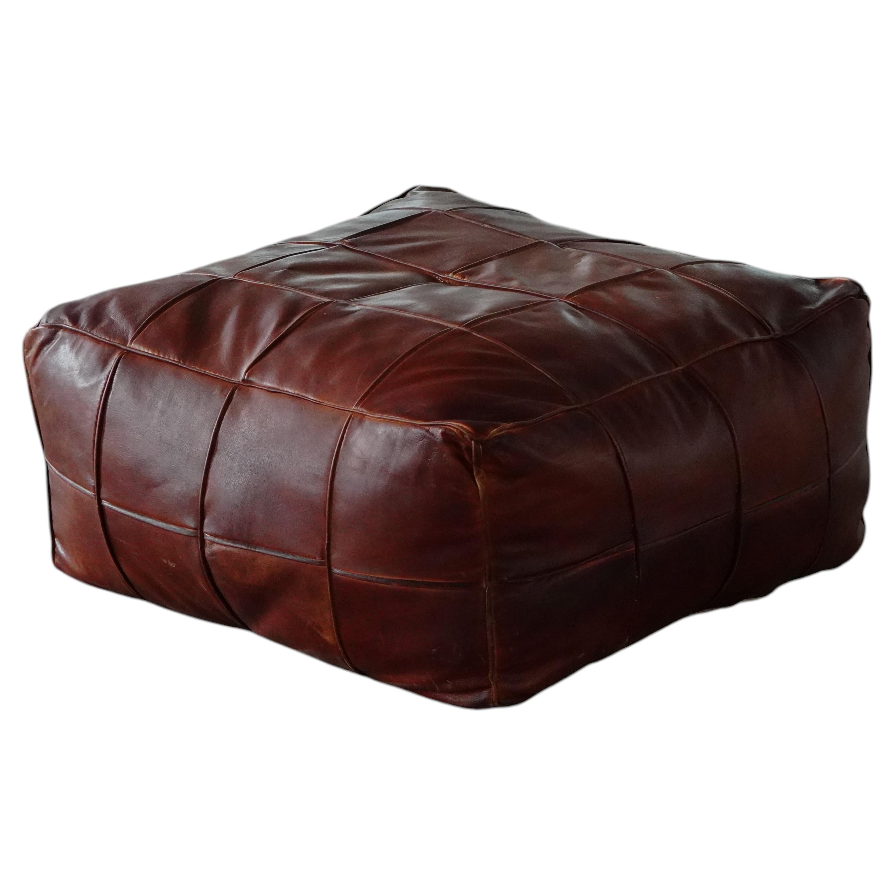 Mid-20th Century Modern, Moroccan Patchwork Leather Pouf in Brown, 1970s