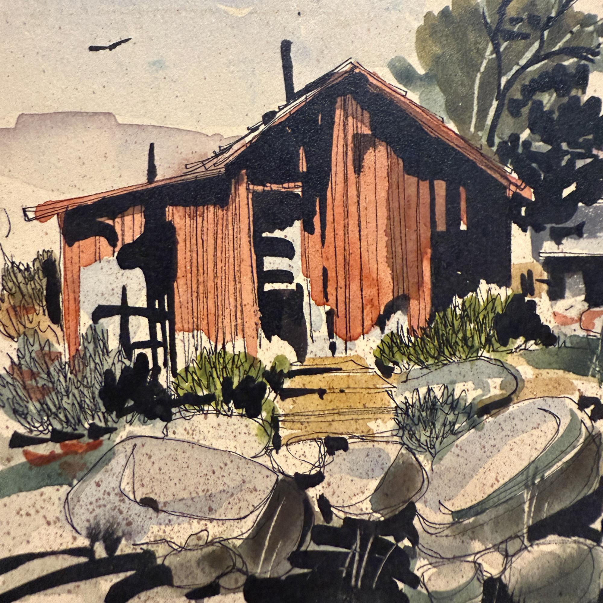 Moderne Ranchlandschaft, Aquarellfarbe auf Papier, signiert Sanchez, Mitte des 20. Jahrhunderts im Angebot 11