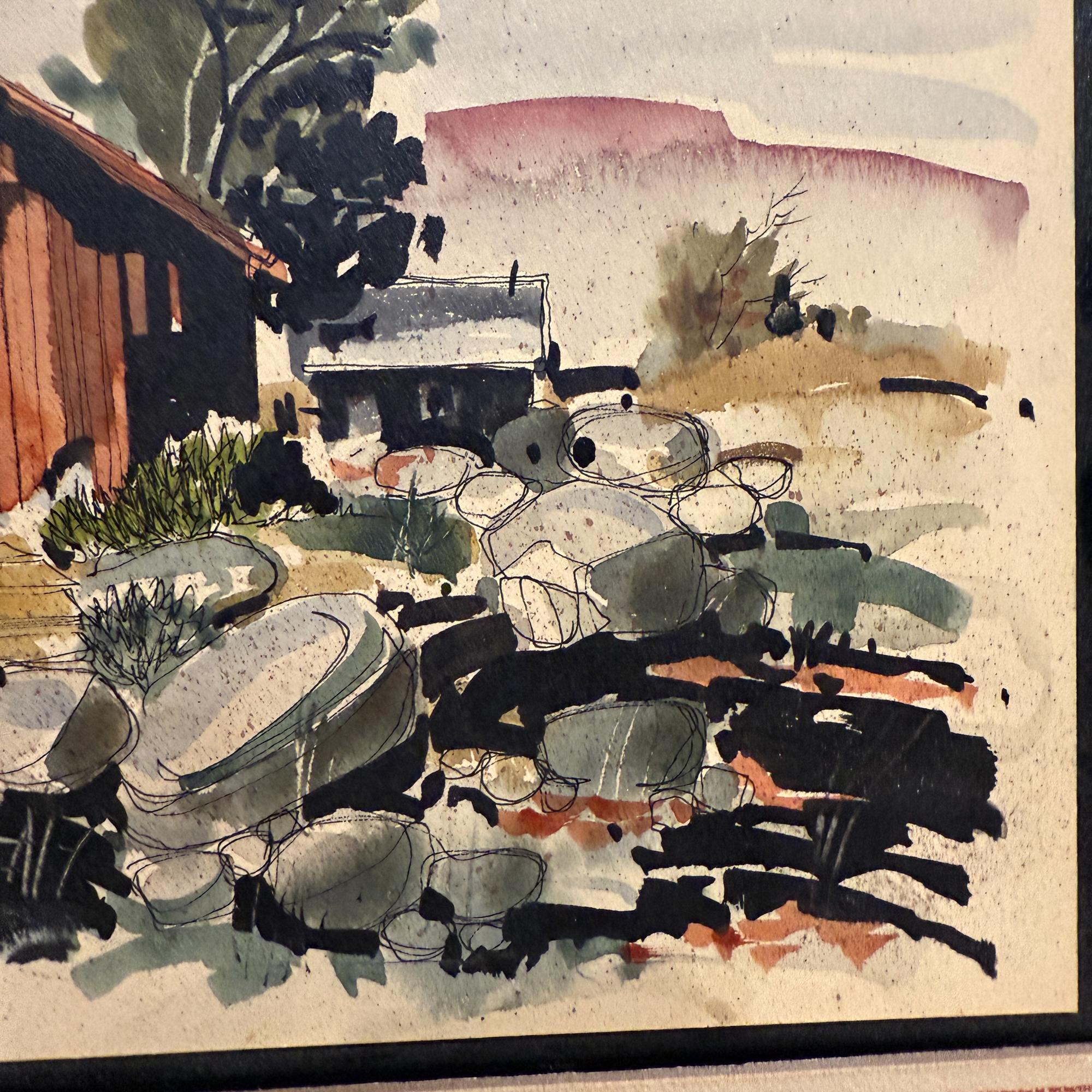 Moderne Ranchlandschaft, Aquarellfarbe auf Papier, signiert Sanchez, Mitte des 20. Jahrhunderts im Angebot 12