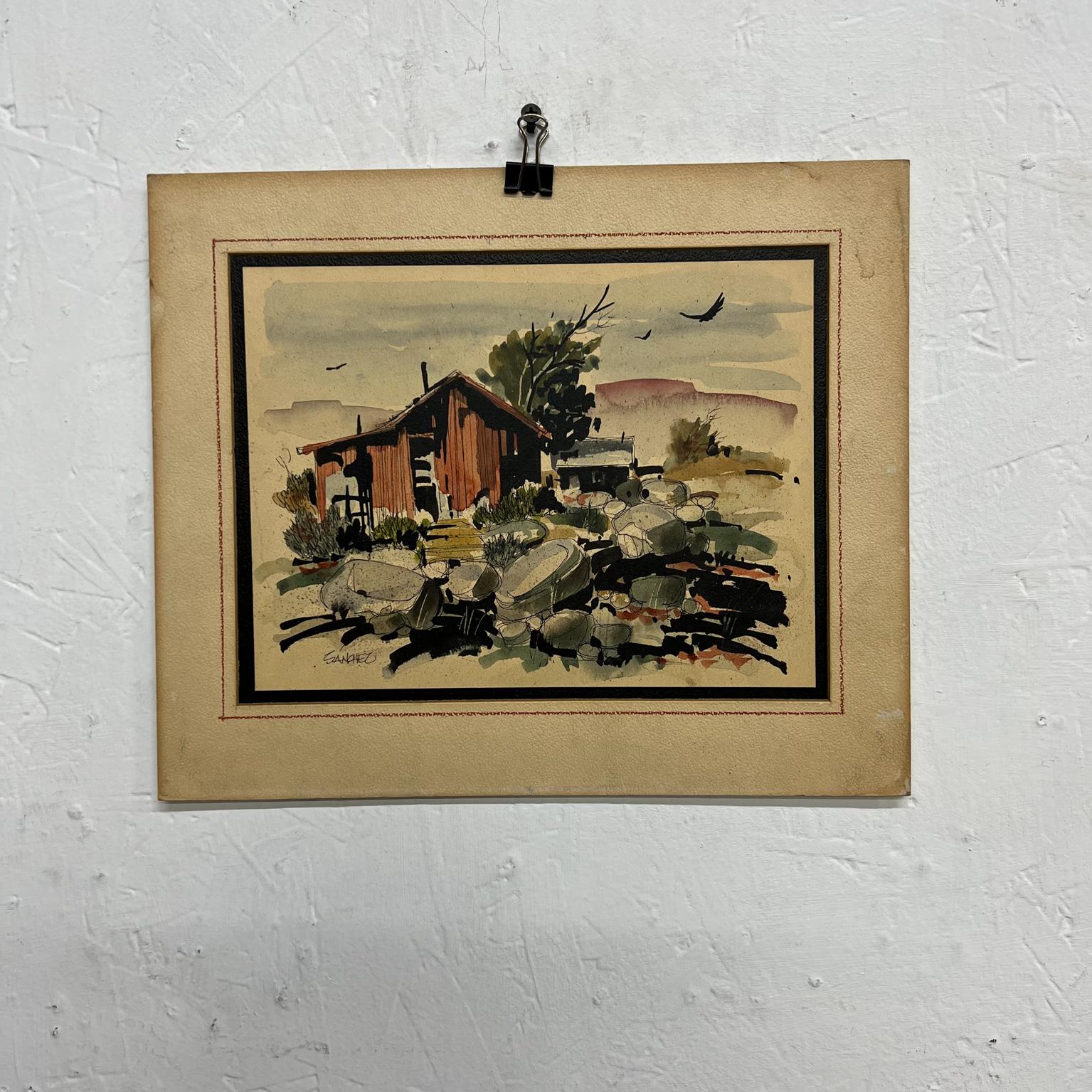 Mid 20th Century Modern Ranch Landscape watercolor black ink on paper signed Sanchez
Mat 12 x 10 art 9.5 x 7.25
Preowned original art vintage condition
See all images.
 