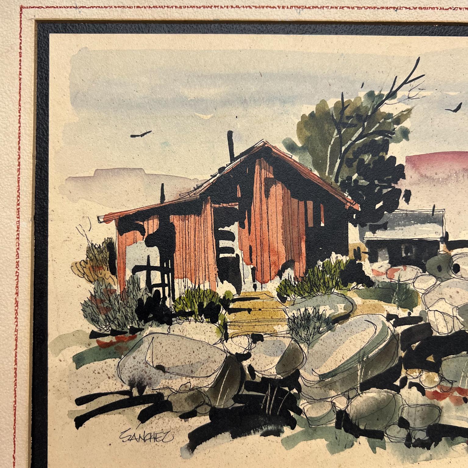 Mid-Century Modern Mid 20th Century Modern Ranch Landscape Watercolor Ink on Paper signed Sanchez For Sale