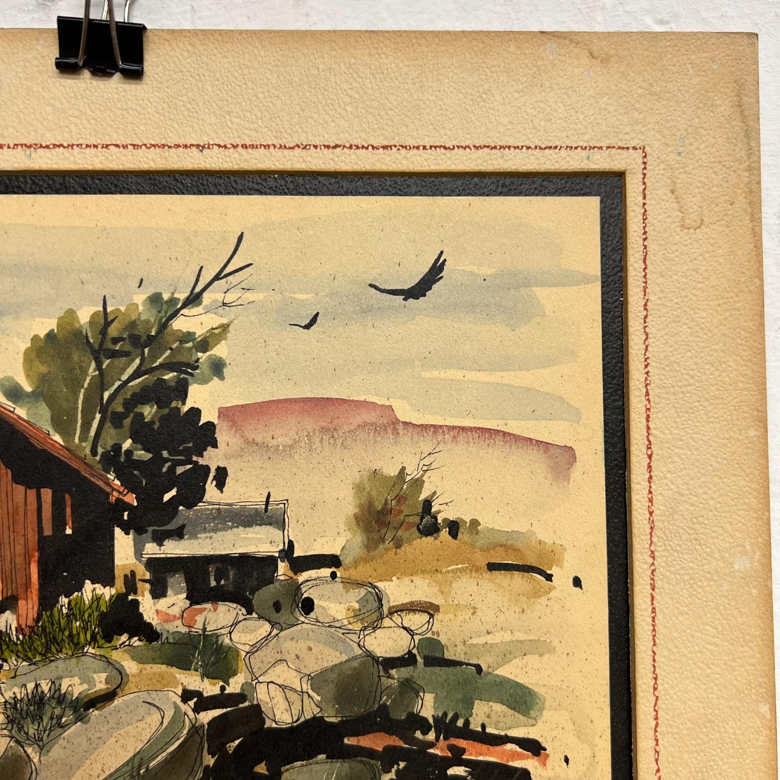 Mid 20th Century Modern Ranch Landscape Watercolor Ink on Paper signed Sanchez In Good Condition For Sale In Chula Vista, CA
