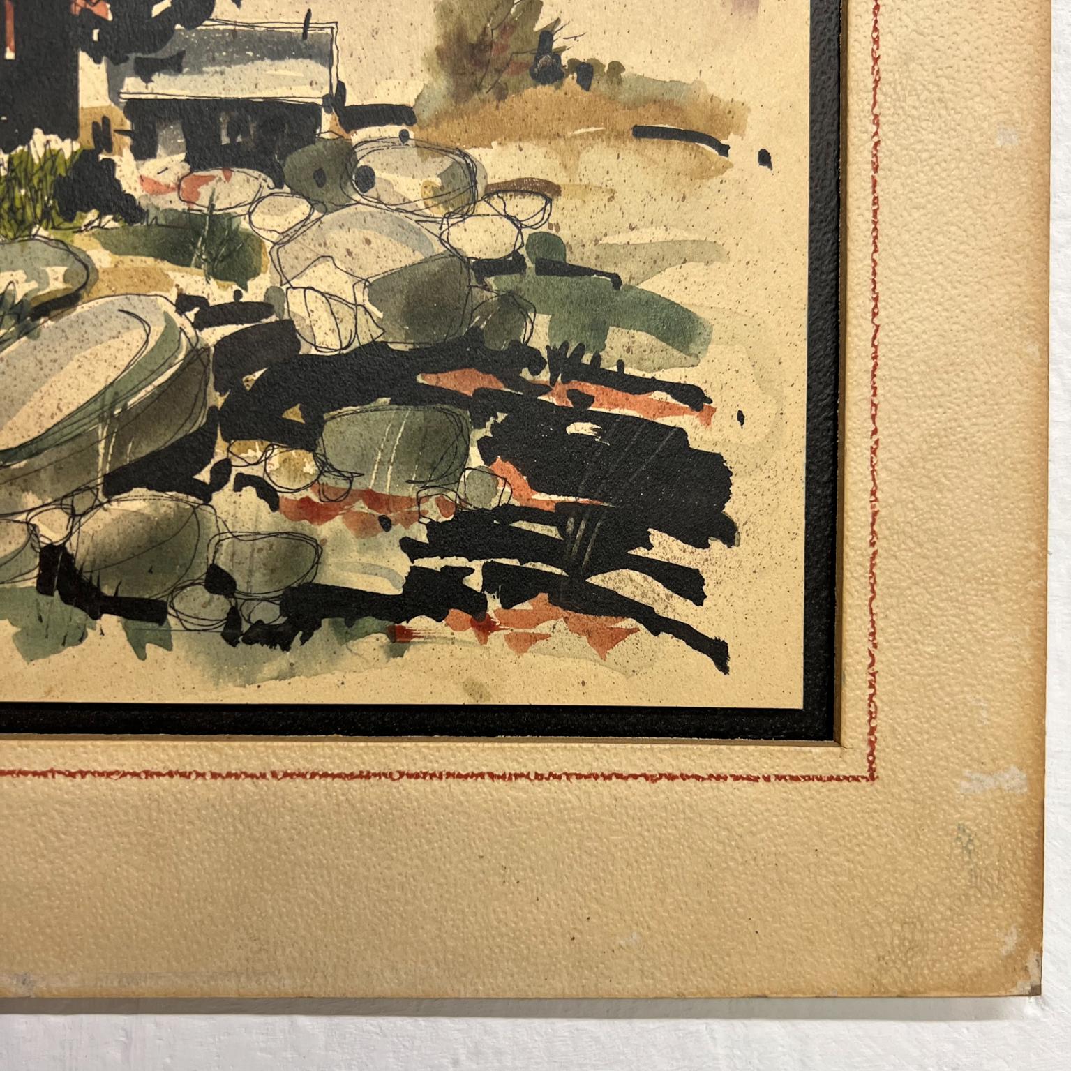 Milieu du XXe siècle Aquarelle sur papier d'un paysage de ranch moderne du milieu du 20e siècle, signée Sanchez en vente