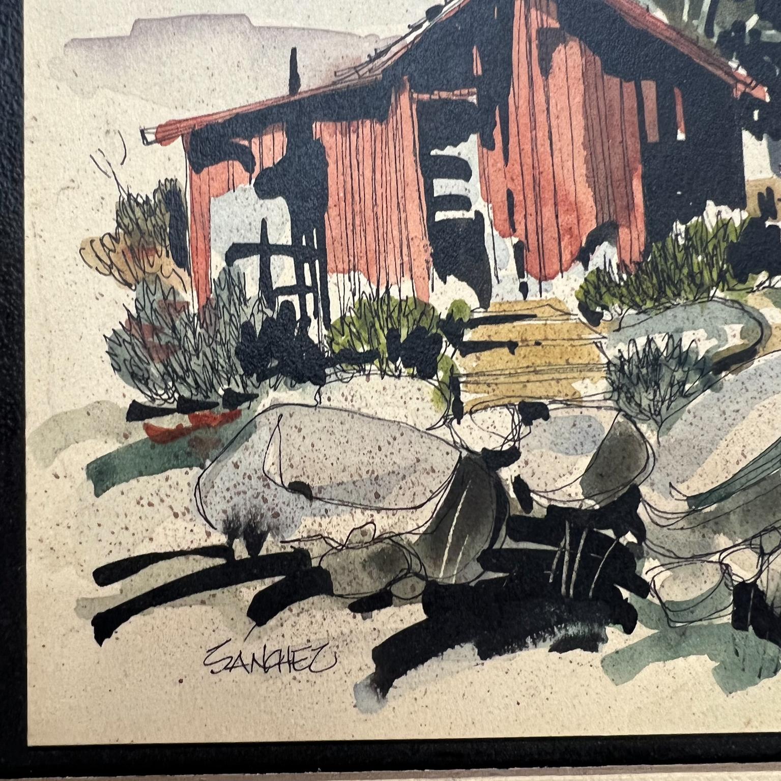 Mid 20th Century Modern Ranch Landscape Watercolor Ink on Paper signed Sanchez For Sale 1