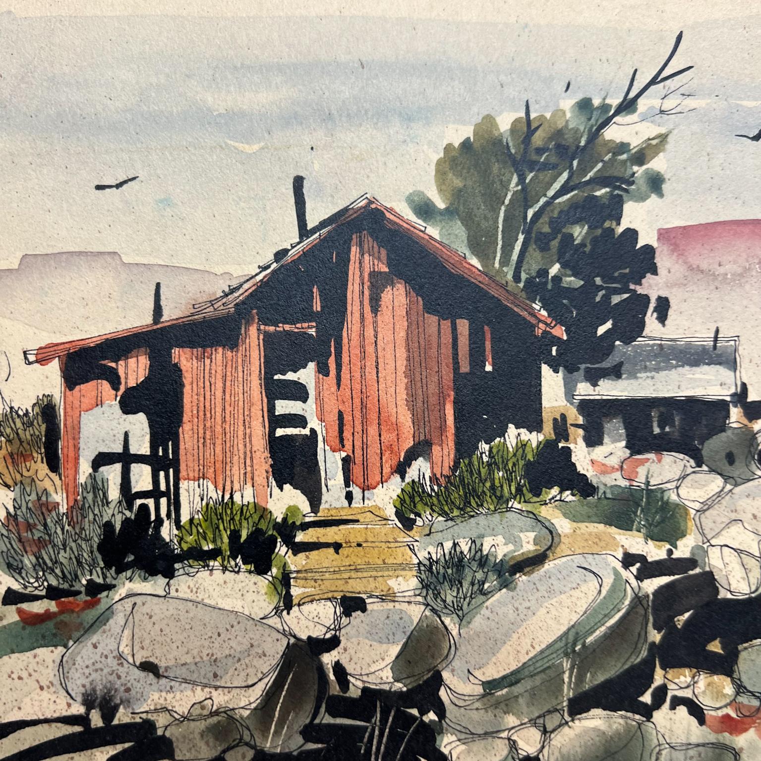 Aquarelle sur papier d'un paysage de ranch moderne du milieu du 20e siècle, signée Sanchez en vente 1