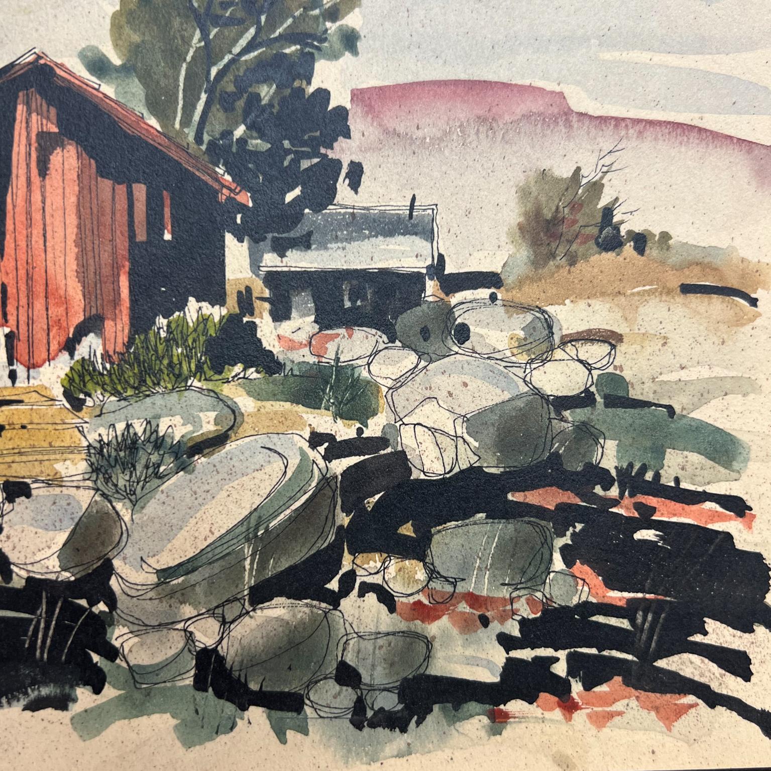 Mid 20th Century Modern Ranch Landscape Watercolor Ink on Paper signed Sanchez For Sale 3