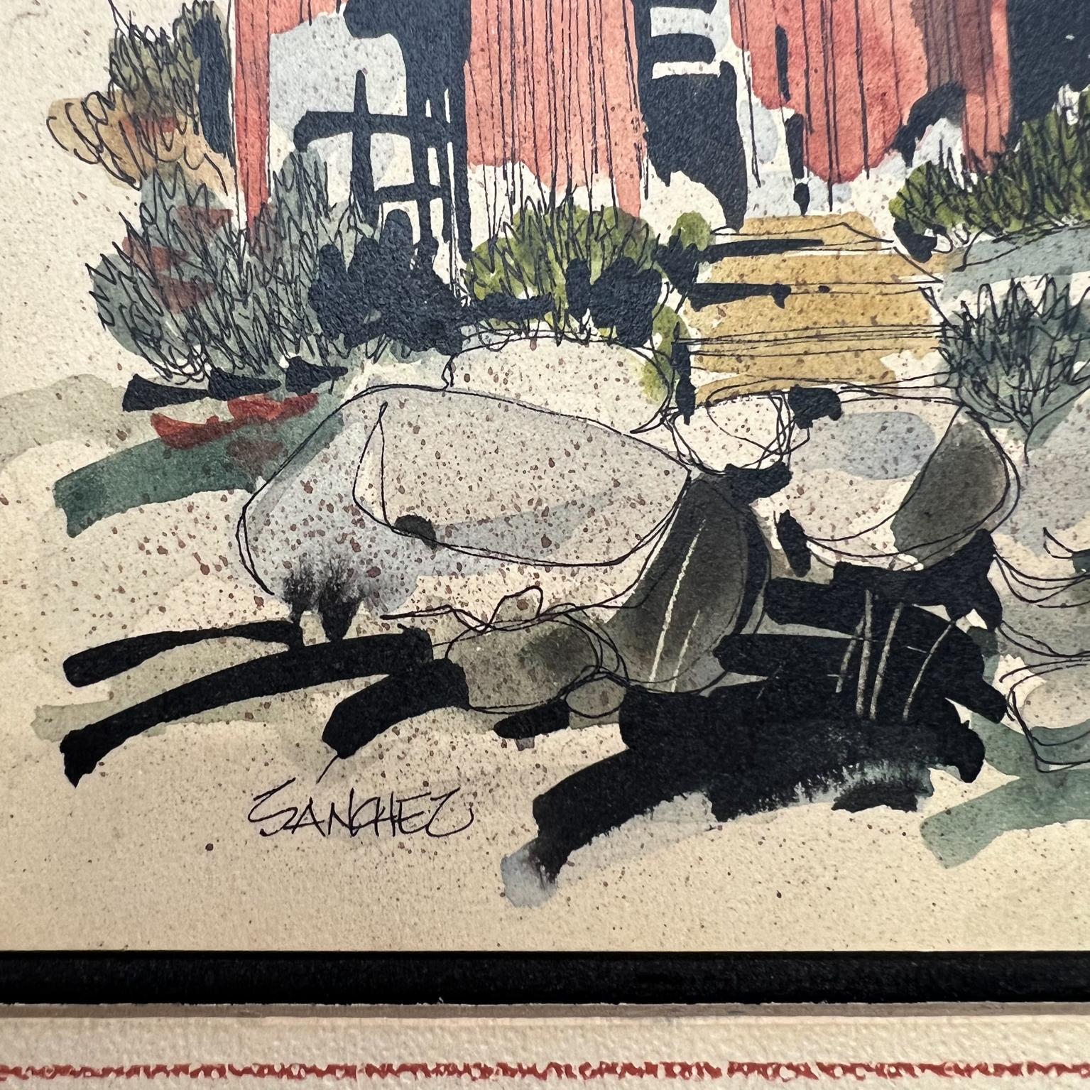 Aquarelle sur papier d'un paysage de ranch moderne du milieu du 20e siècle, signée Sanchez en vente 3