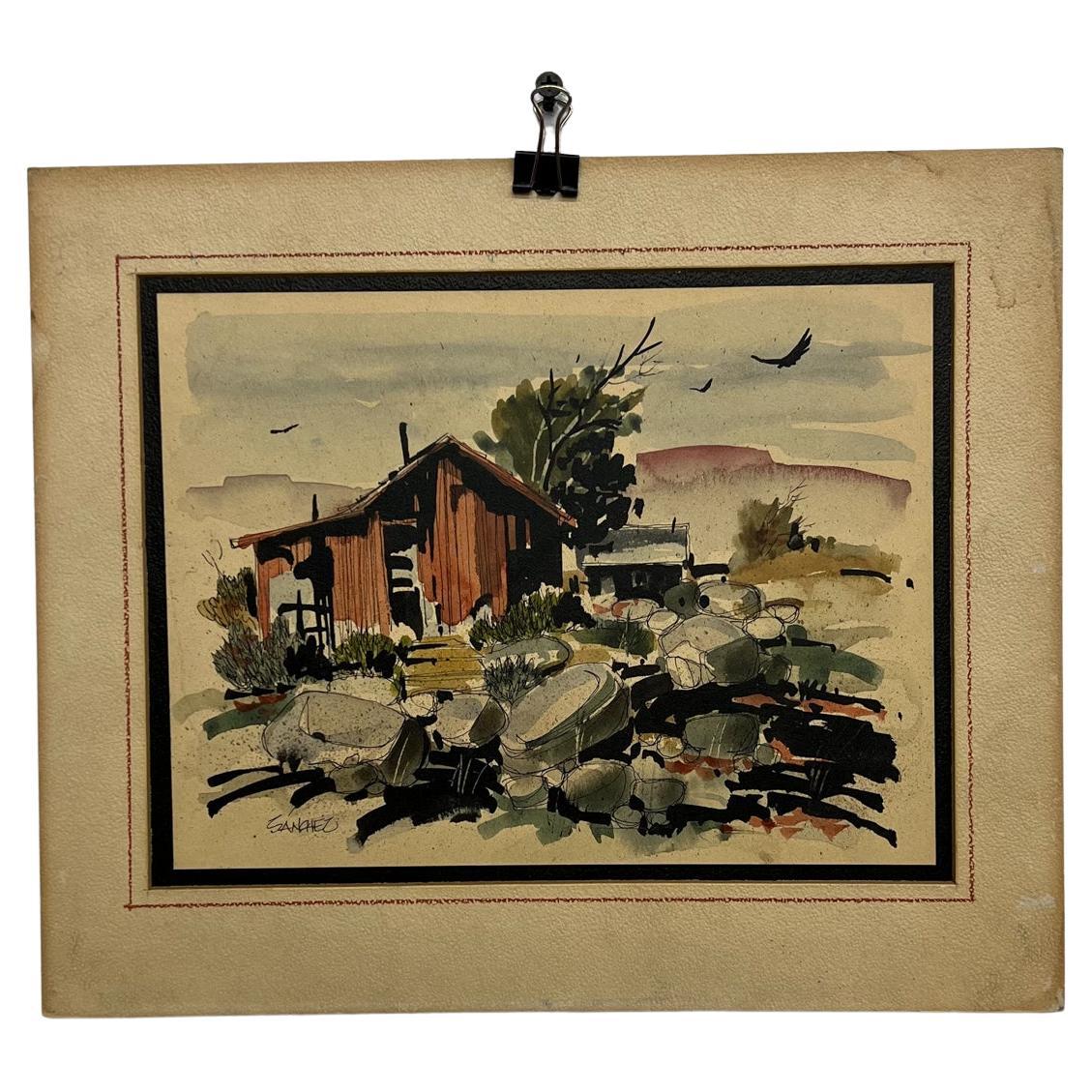 Aquarelle sur papier d'un paysage de ranch moderne du milieu du 20e siècle, signée Sanchez