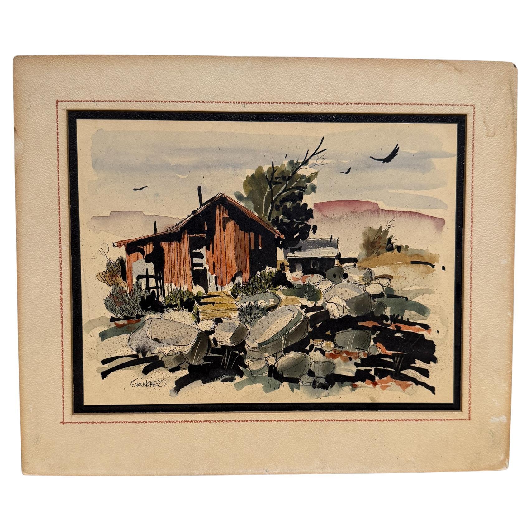Mid 20th Century Modern Ranch Landscape Watercolor Ink on Paper signed Sanchez