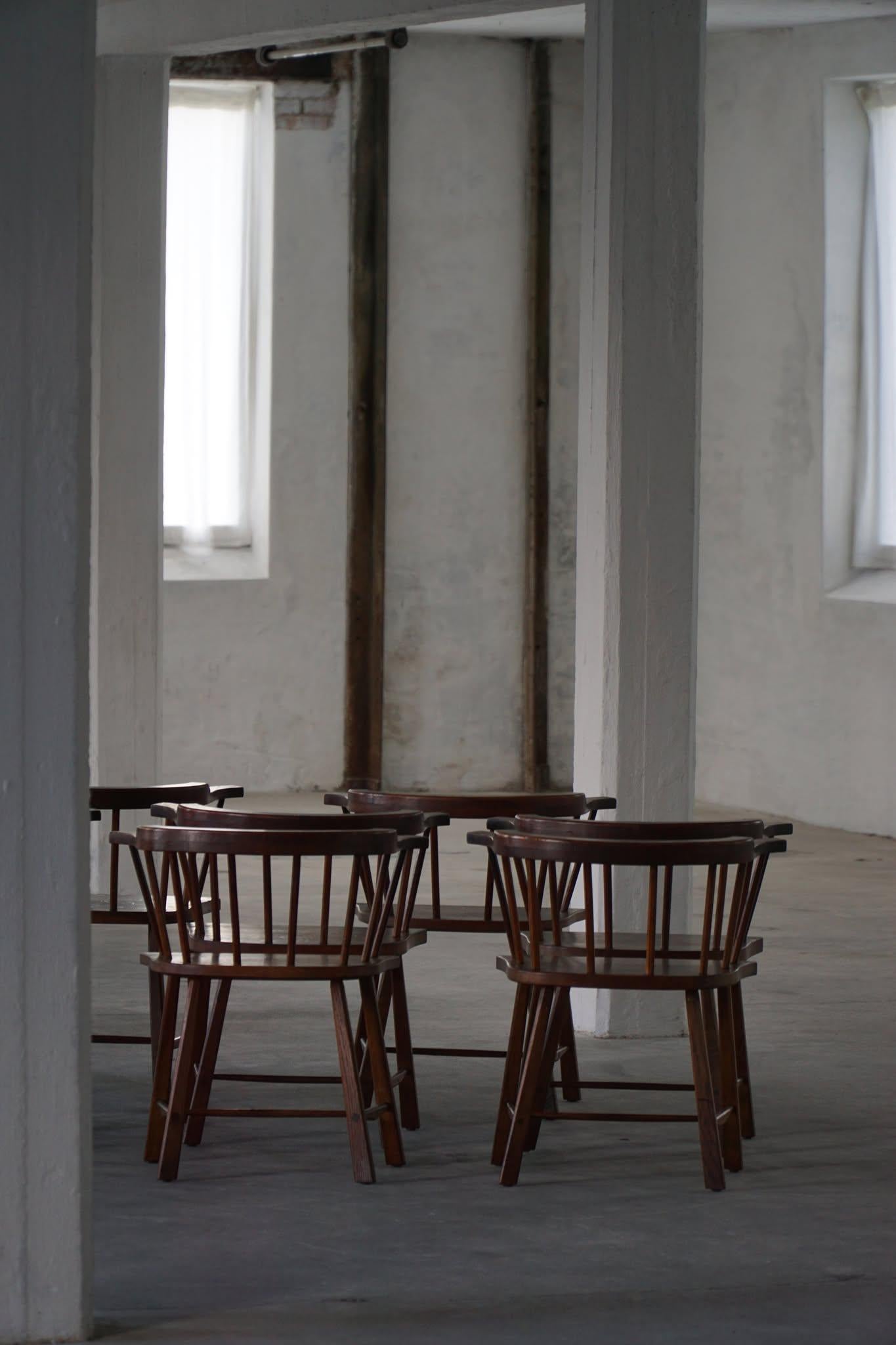 Mid-20th Century Modern, Set of 8 Danish Spindle Back Chairs in Solid Oak For Sale 12