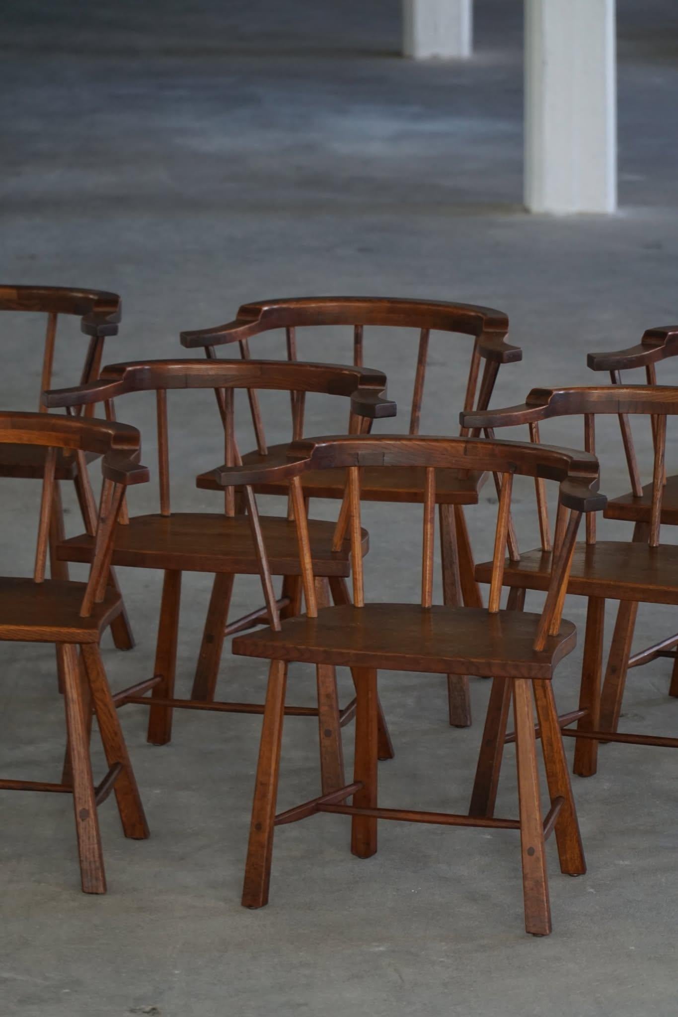 Scandinavian Modern Mid-20th Century Modern, Set of 8 Danish Spindle Back Chairs in Solid Oak For Sale