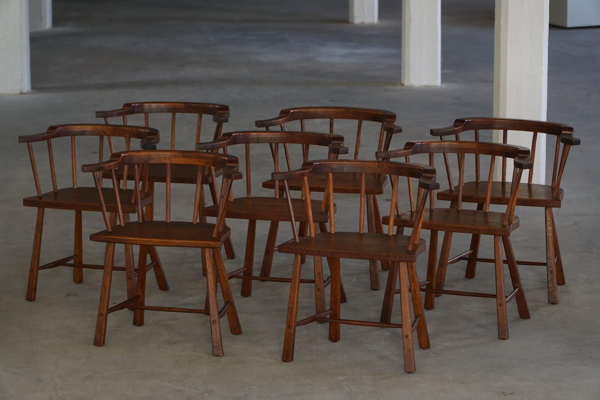 Mid-20th Century Modern, Set of 8 Danish Spindle Back Chairs in Solid Oak For Sale 3