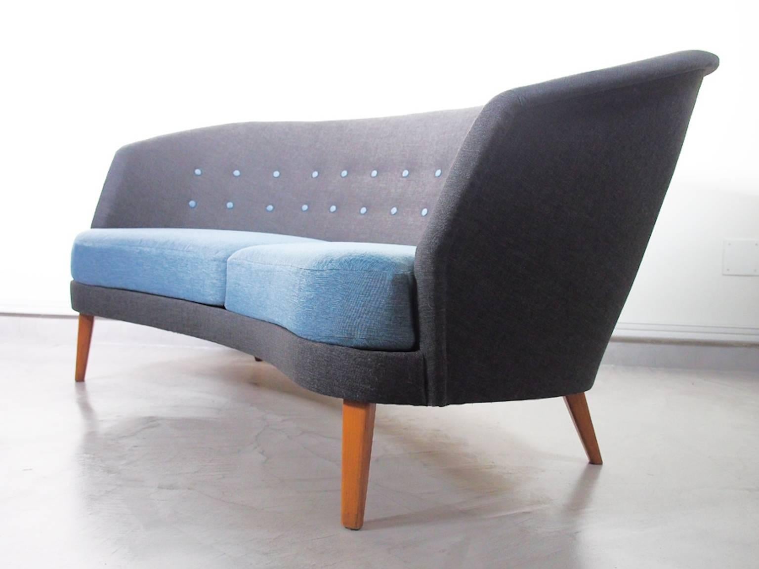 Danish Mid-Century Modern Slightly Curved Blue Sofa