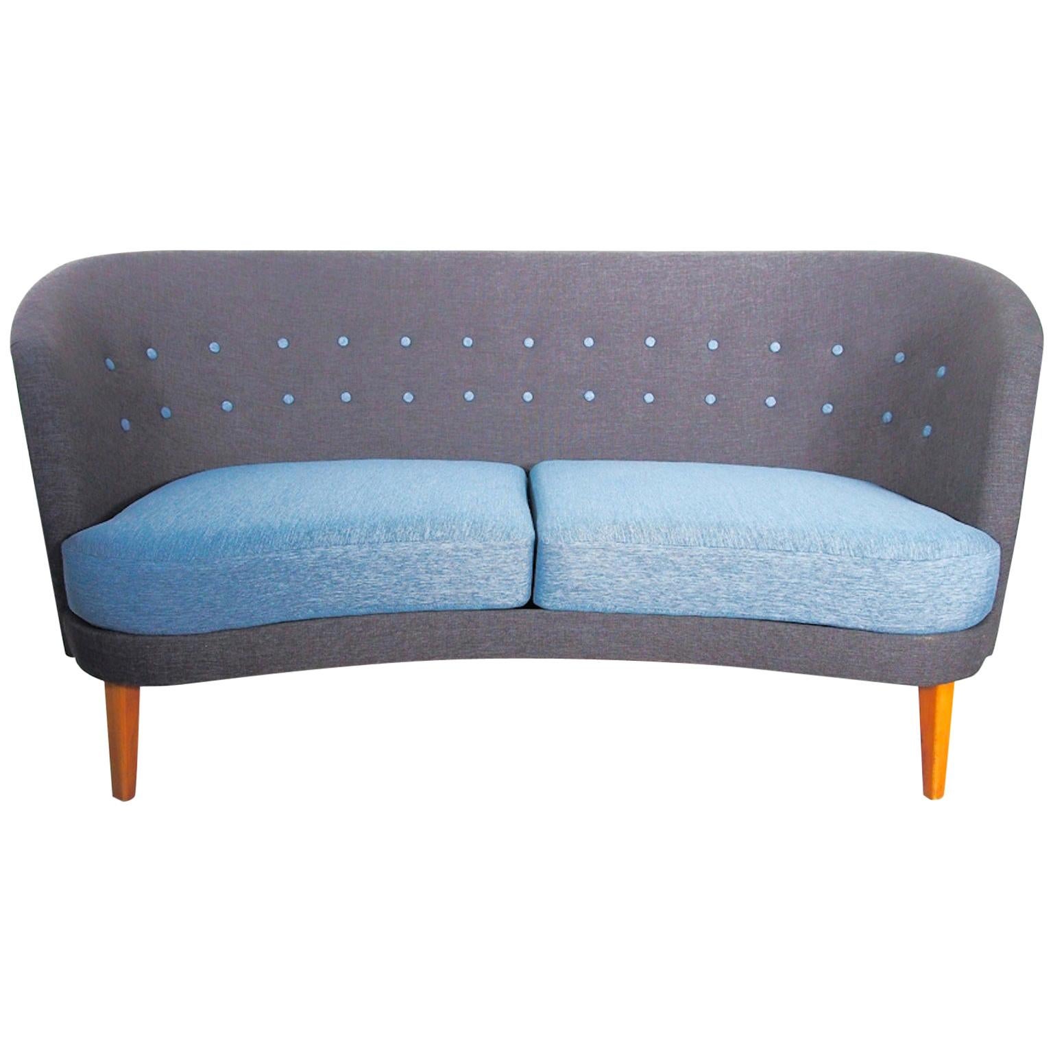 Mid-Century Modern Slightly Curved Blue Sofa