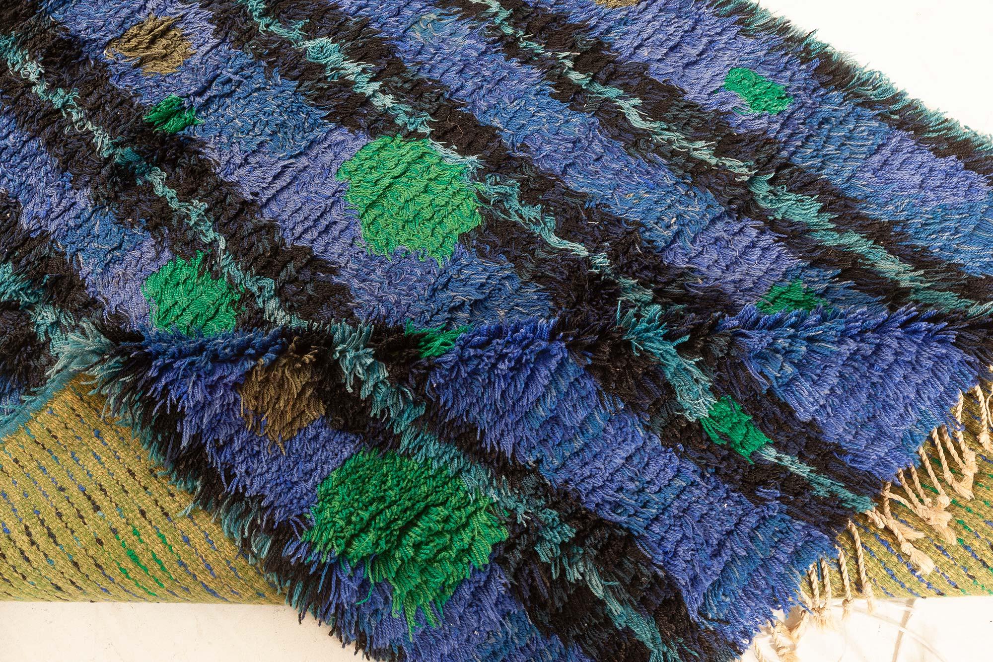 Wool Mid-20th Century Modern Swedish Rya Green, Blue Rug For Sale