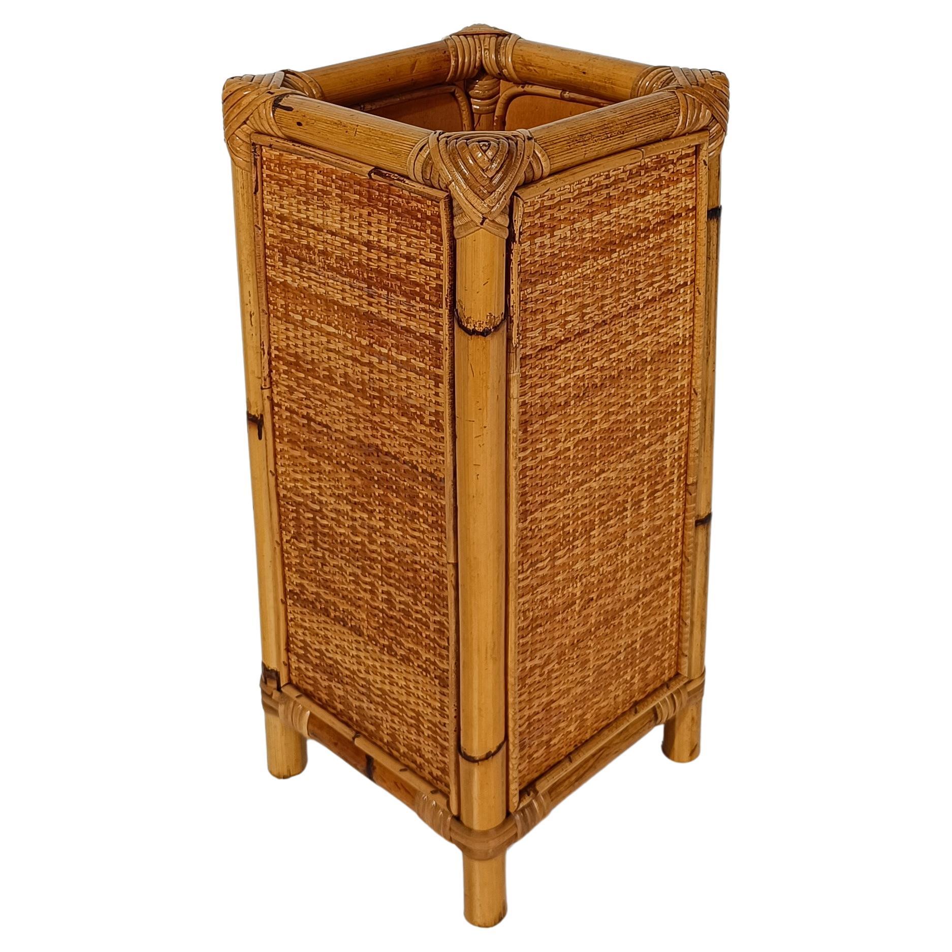 Mid 20th Century Modern Umbrella Stand in Bamboo, Cane and Rattan Webbing, Italy For Sale