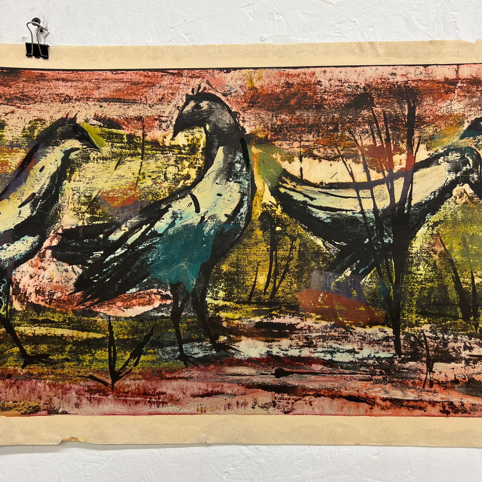 Mid-20th Century Modernist Artwork Birds Abstract Watercolor Saul Steinlauf In Fair Condition For Sale In Chula Vista, CA