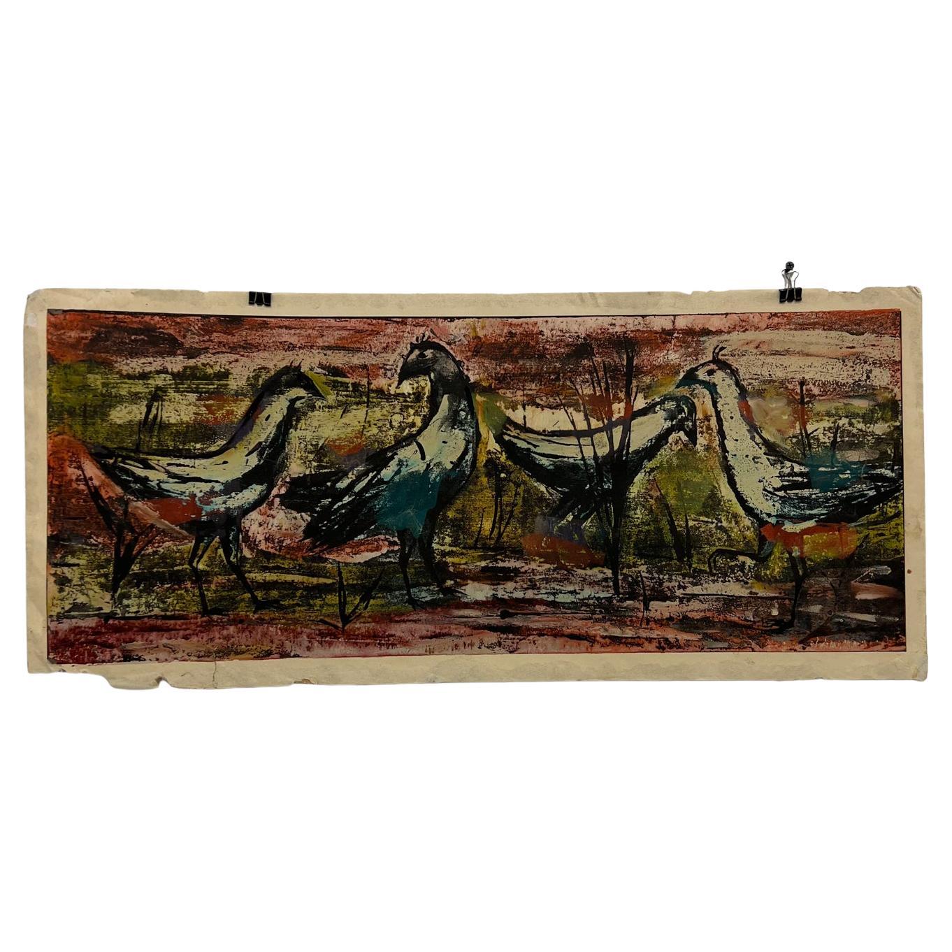 Mid-20th Century Modernist Artwork Birds Abstract Watercolor Saul Steinlauf For Sale