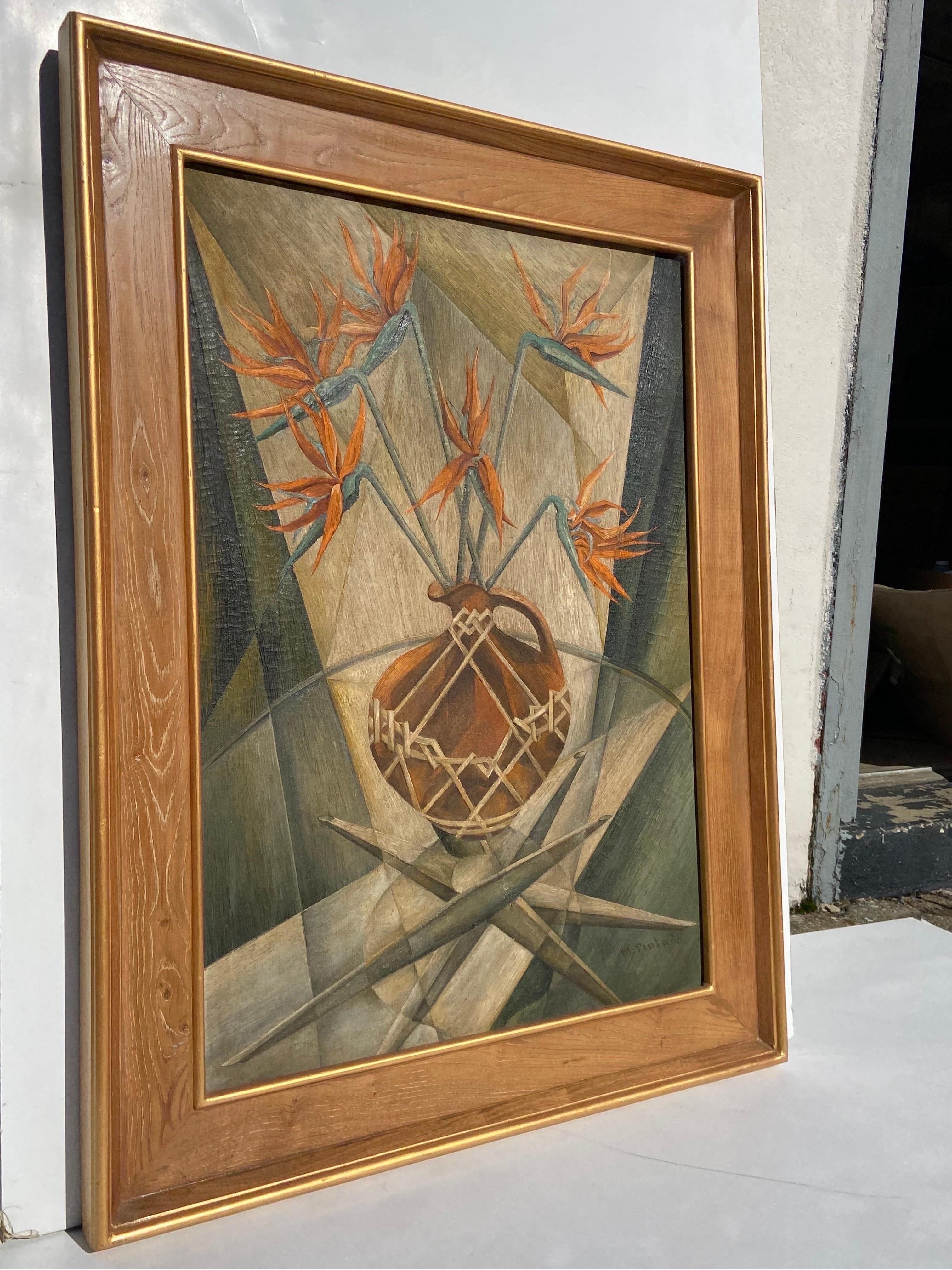 Mid-Century Modern Mid 20th Century Modernist Bird of Paradise Still Life Painting, Cassetta Frame