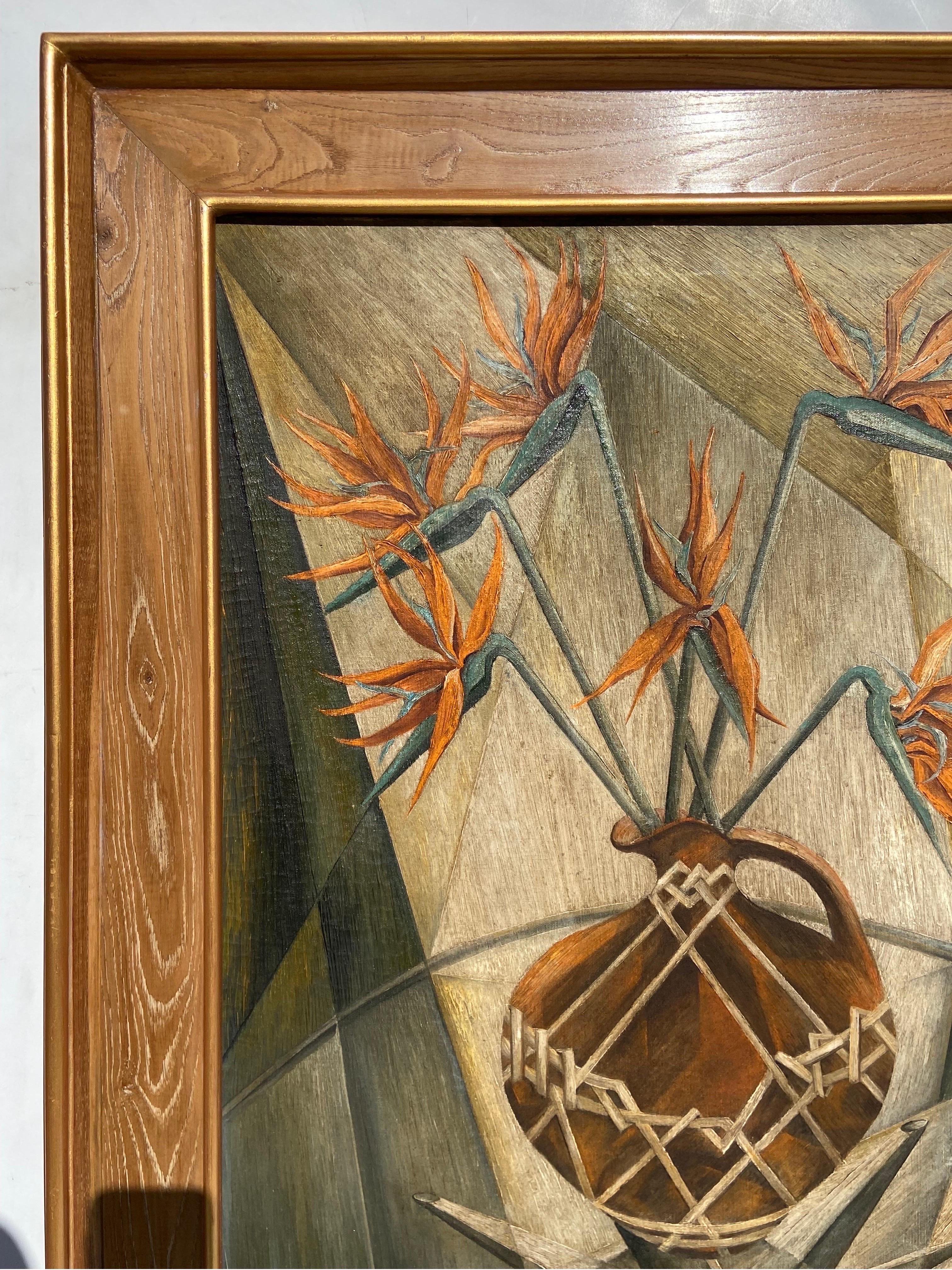 American Mid 20th Century Modernist Bird of Paradise Still Life Painting, Cassetta Frame