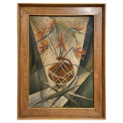 Mid 20th Century Modernist Bird of Paradise Still Life Painting, Cassetta Frame