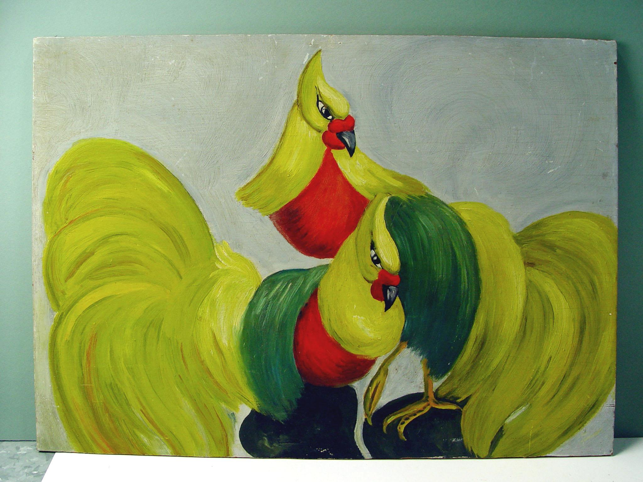 Oil on wood panel of a pair of Modernist golden pheasants. Unsigned. Unframed. Edge wear, small areas of paint loss.