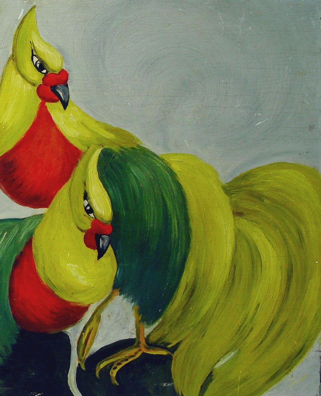 Hand-Painted Mid-20th Century Modernist Fancy Golden Pheasants Painting For Sale