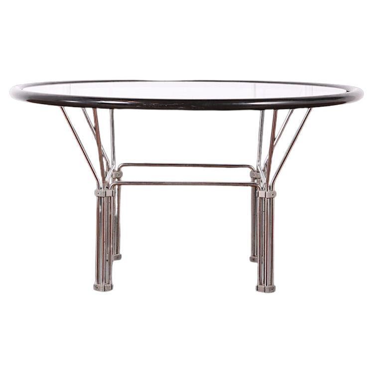 Table basse ronde en verre et chrome de style moderniste français du milieu du XXe siècle