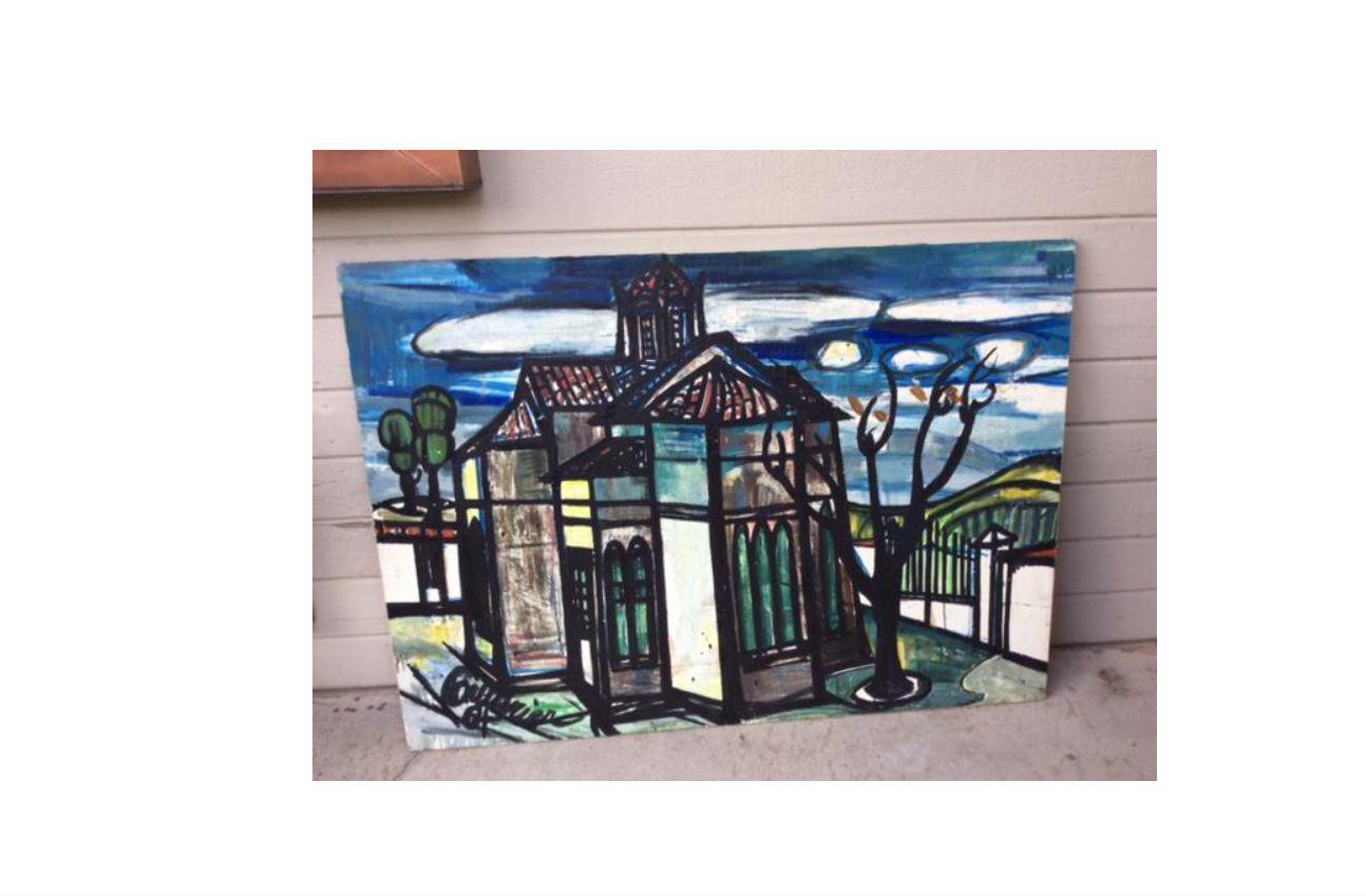 Mid-20th Century Modernist French Oil Painting of a Church For Sale 5