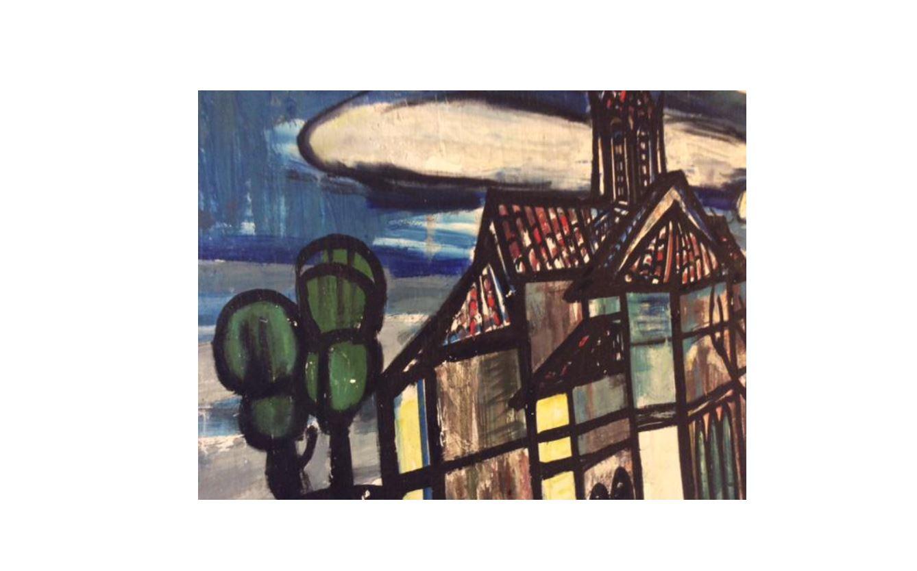 Hand-Crafted Mid-20th Century Modernist French Oil Painting of a Church For Sale