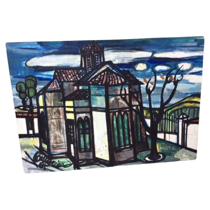 Peinture à l'huile moderniste française du milieu du 20e siècle représentant une église en vente