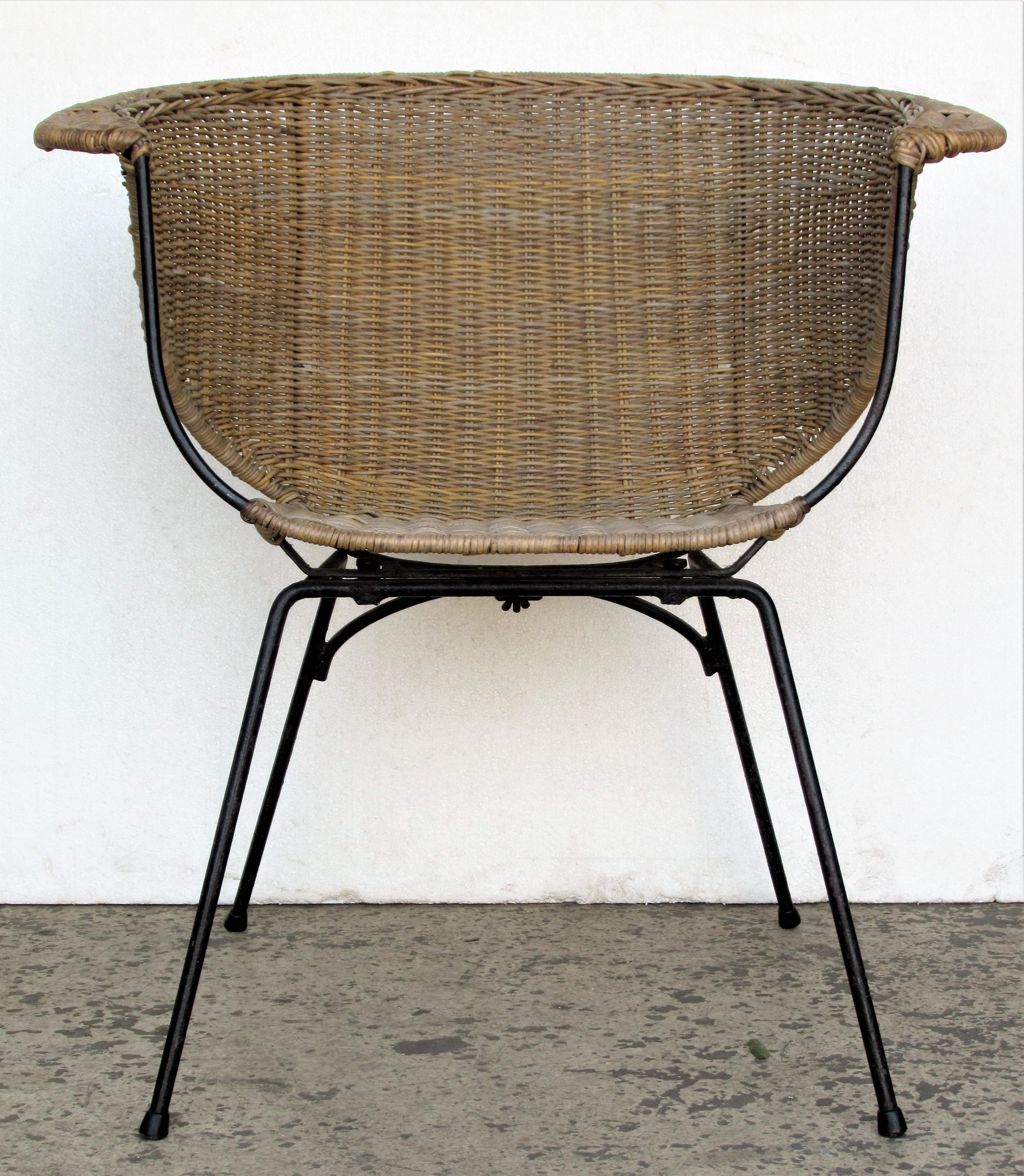 Mid-Century Modern  Mid 20th Century Modernist Iron and Rattan Chair