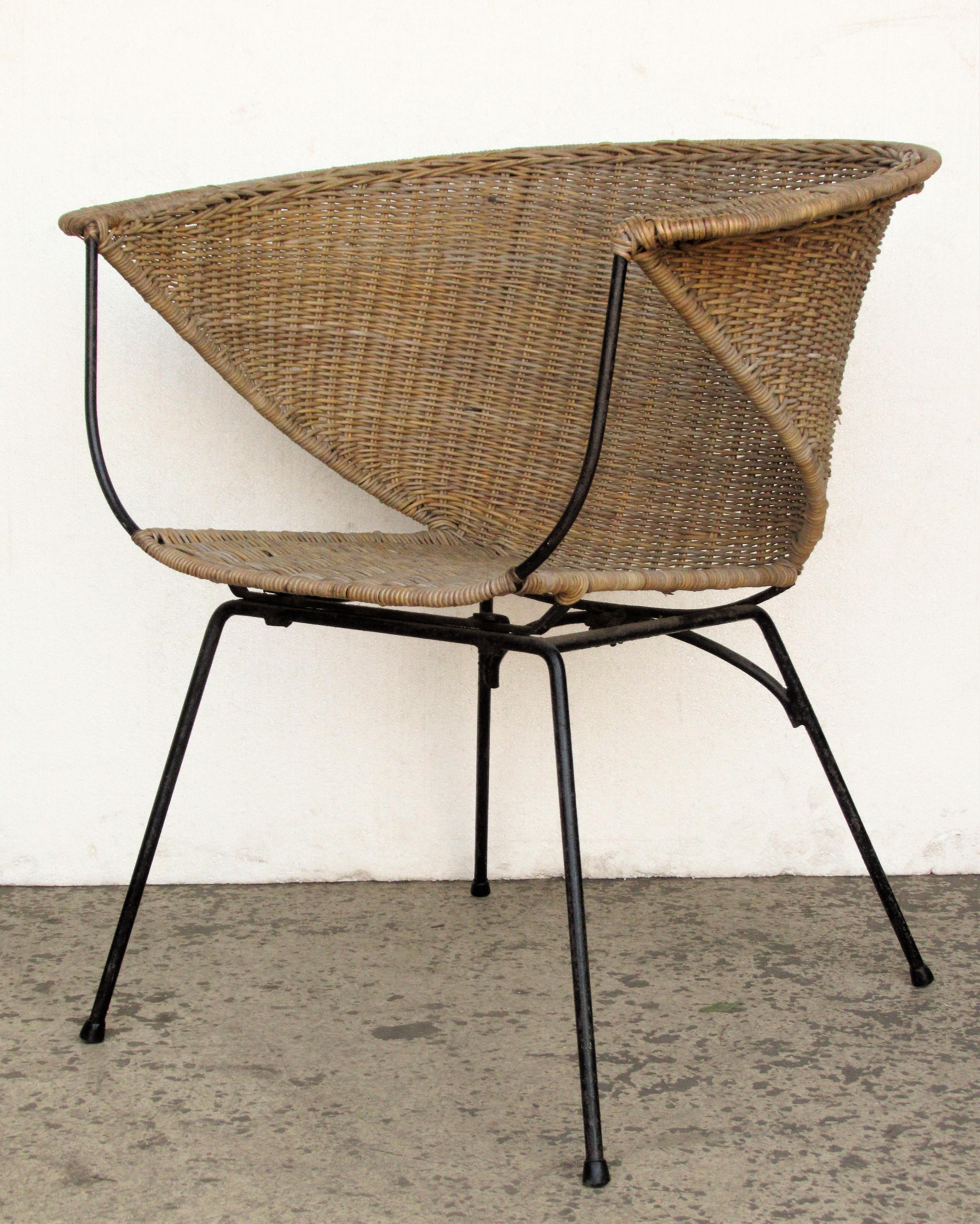  Mid 20th Century Modernist Iron and Rattan Chair 1