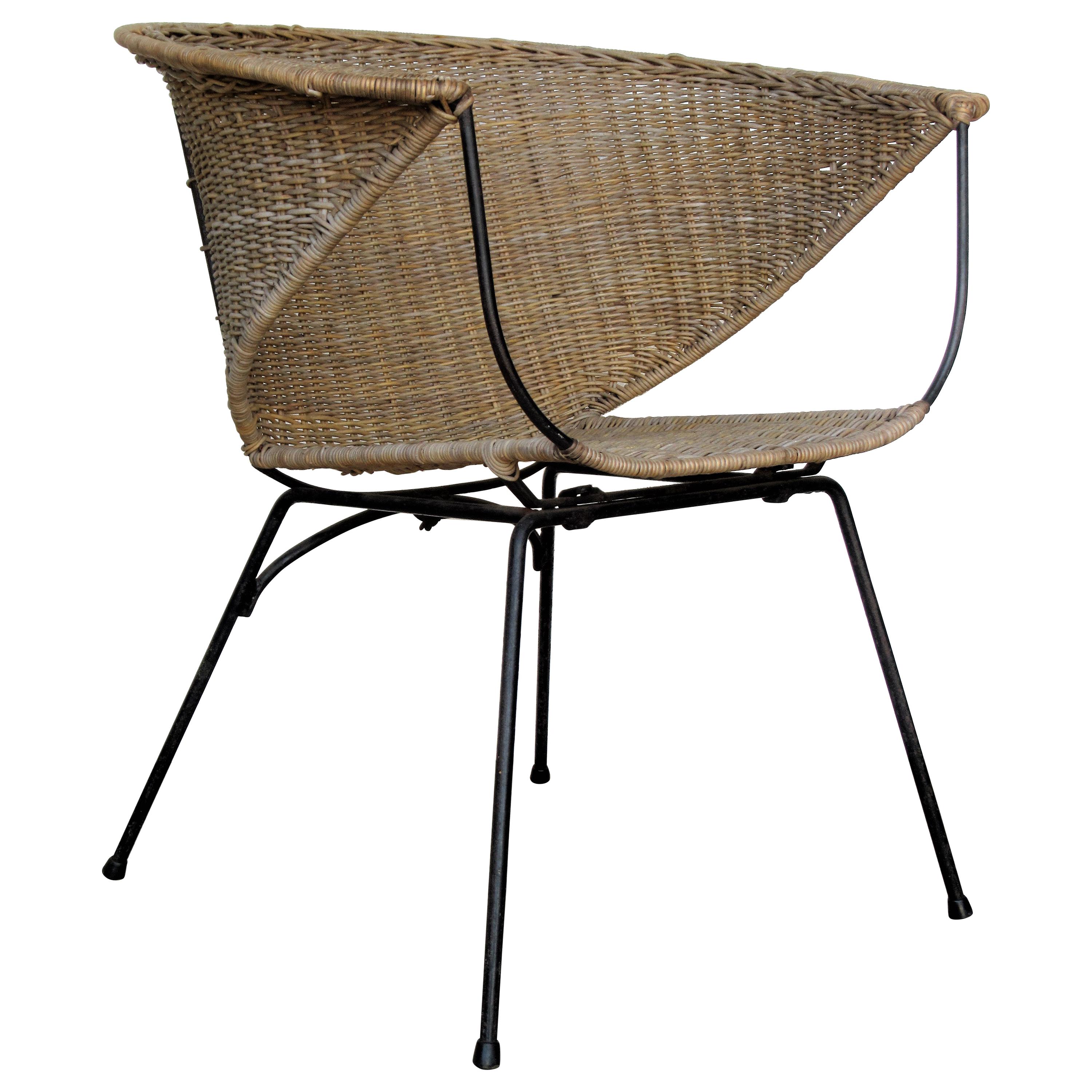  Mid 20th Century Modernist Iron and Rattan Chair