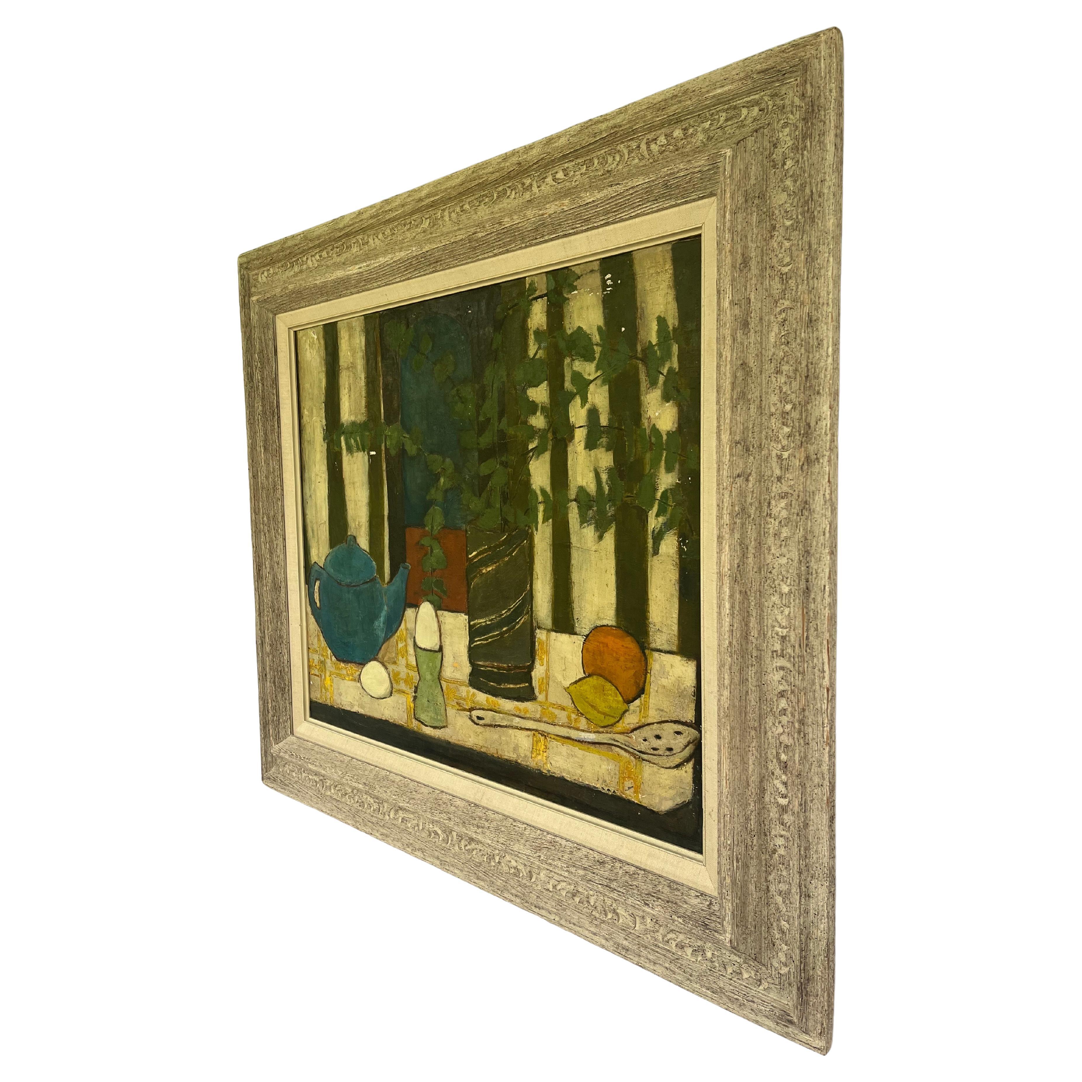 A fresh and modern, mid 20th century still life painting in a period frame, circa 1950's. The work depicts a beautiful tablescape with a flattened perspective. Each of the individual items is shown to the viewer with immediacy and excitement. The