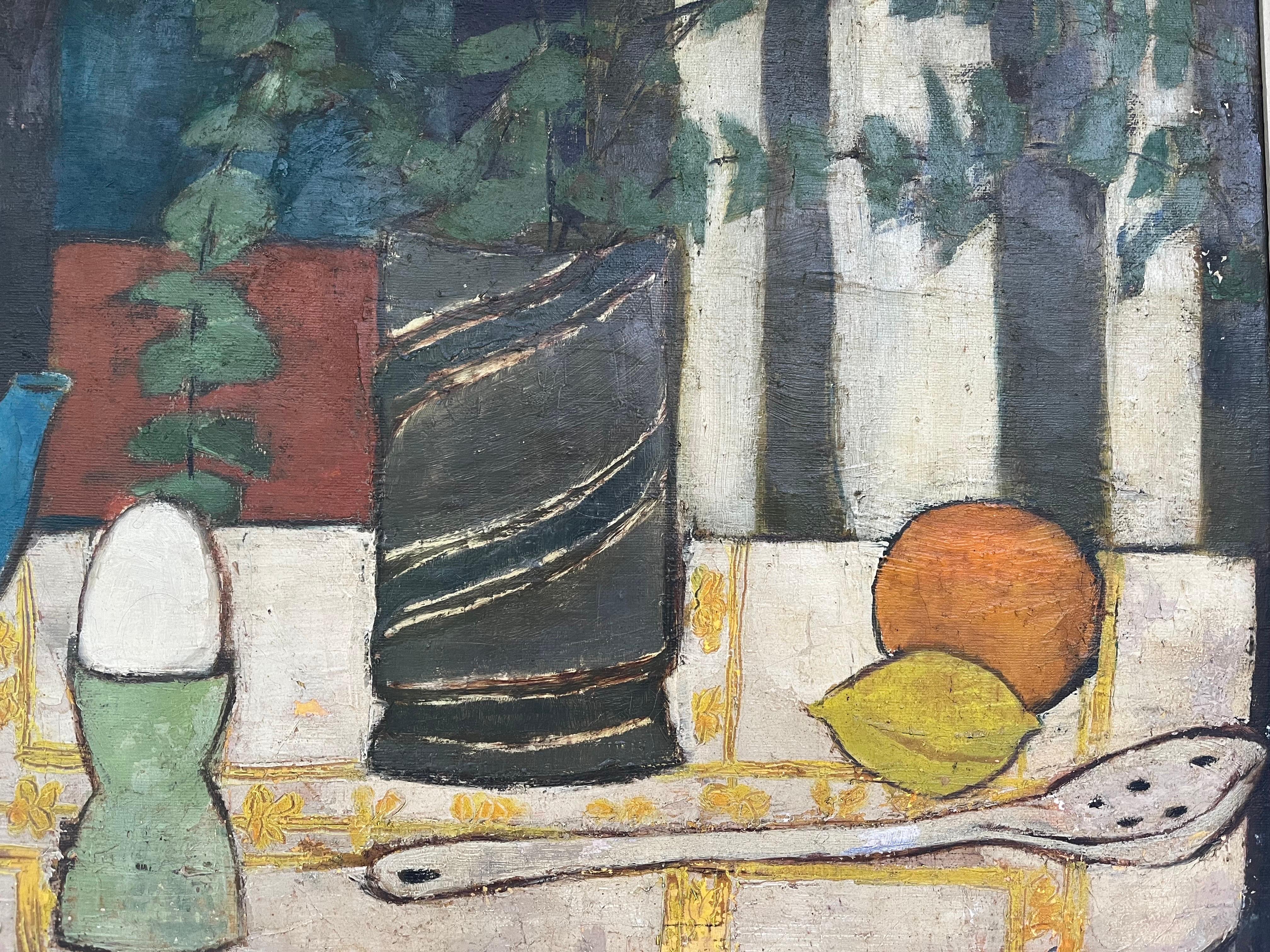 Canvas Mid 20th Century Modernist Style Still Life with Eggs Painting in Period Frame