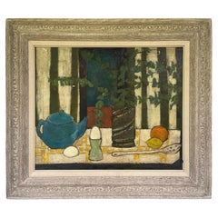 Vintage Mid 20th Century Modernist Style Still Life with Eggs Painting in Period Frame