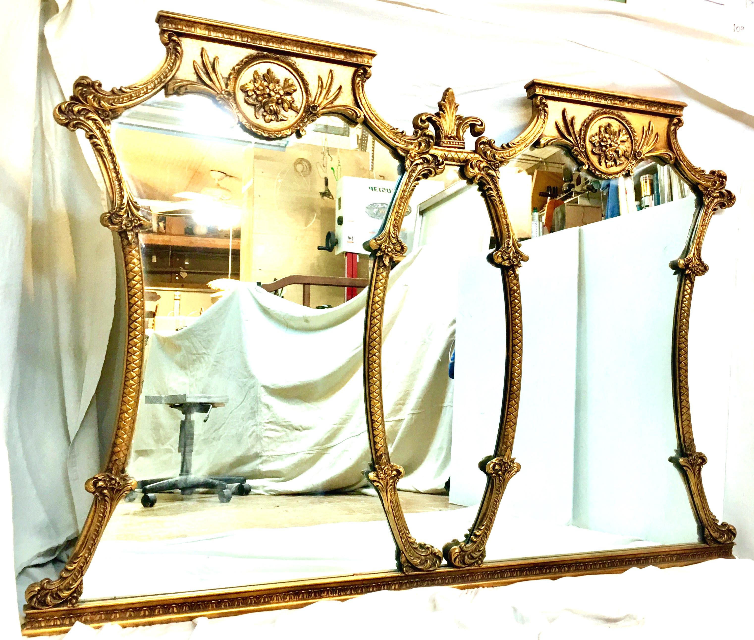Mid-20th Century Monumental French Style Carved Gilt Wood Triptych Wall Mirror In Good Condition In West Palm Beach, FL