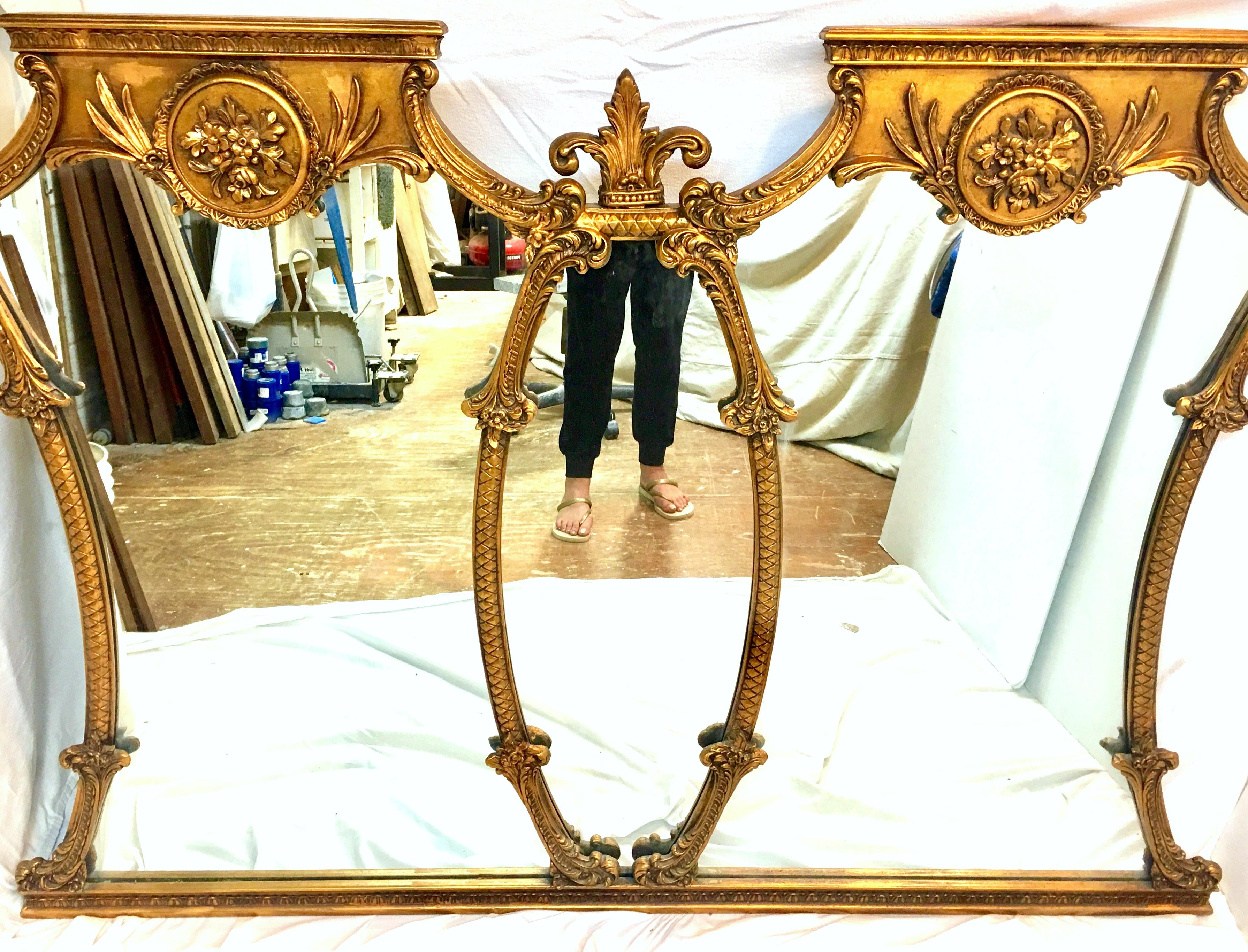 Mid-20th Century Monumental French Style Carved Gilt Wood Triptych Wall Mirror 1