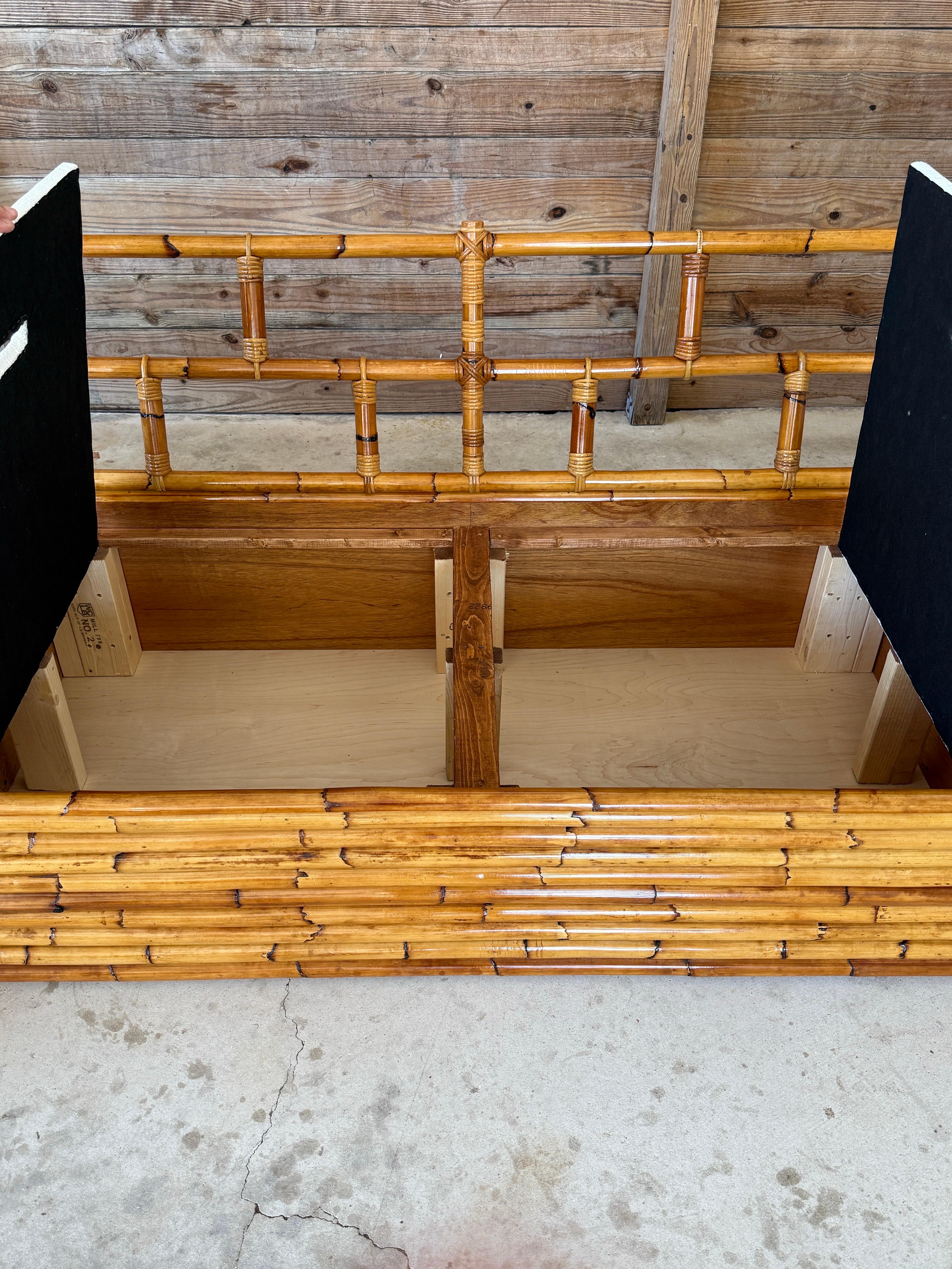 Mid-20th Century Monumental Restored Stacked Rattan Sofa With Custom Upholstery For Sale 4