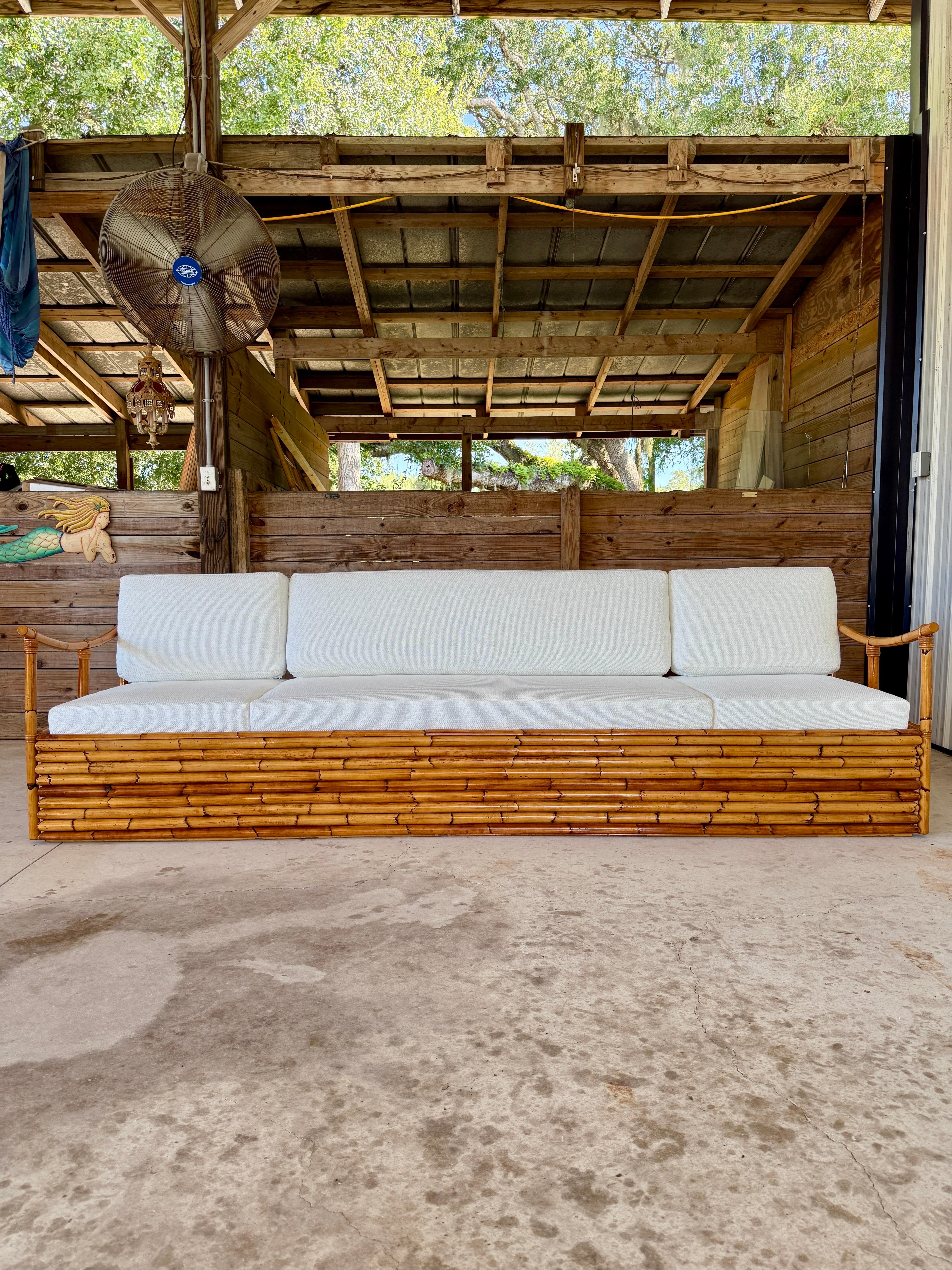 Mid-20th Century Monumental Restored Stacked Rattan Sofa With Custom Upholstery For Sale 7