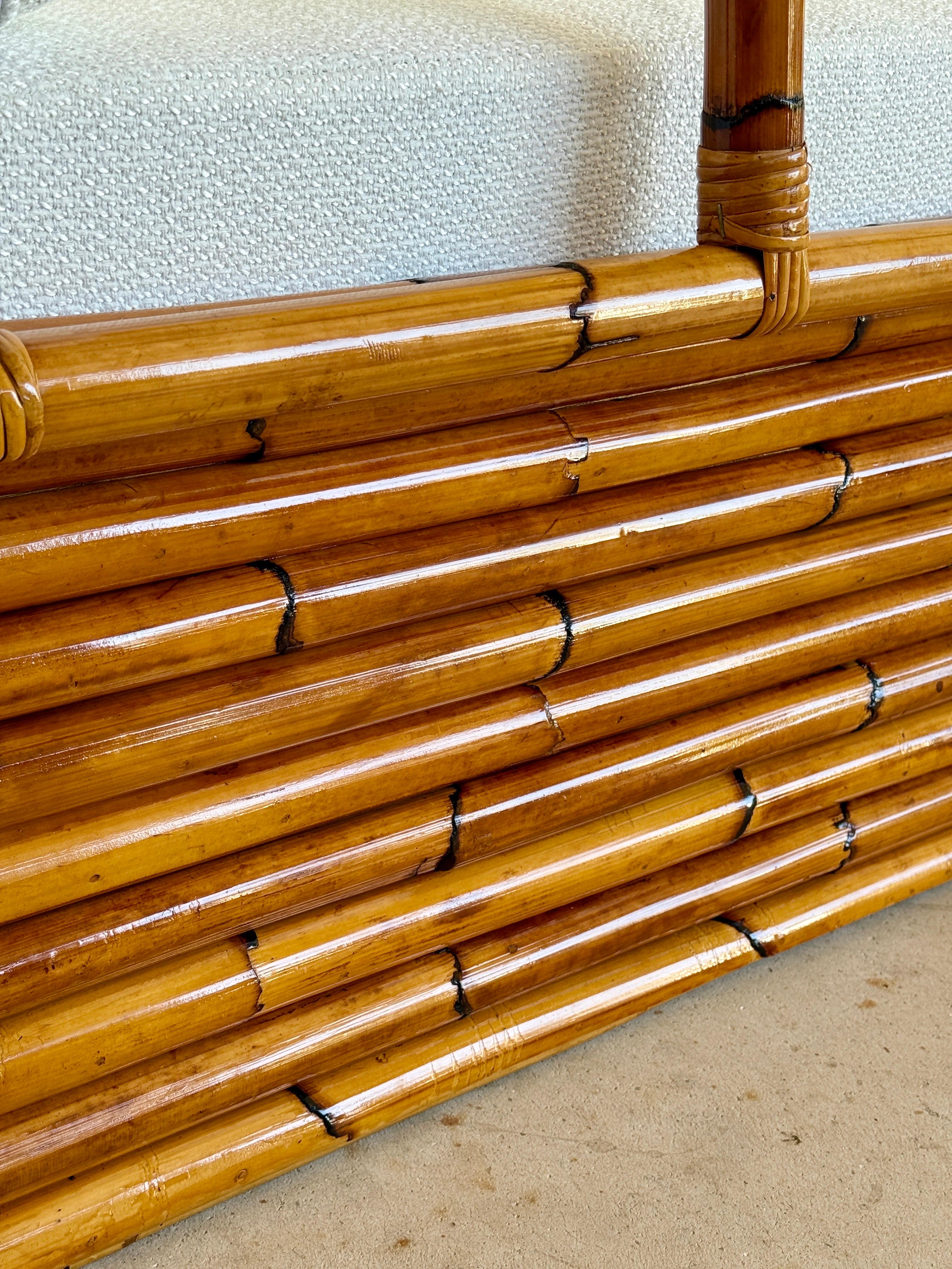 Mid-20th Century Monumental Restored Stacked Rattan Sofa With Custom Upholstery For Sale 8