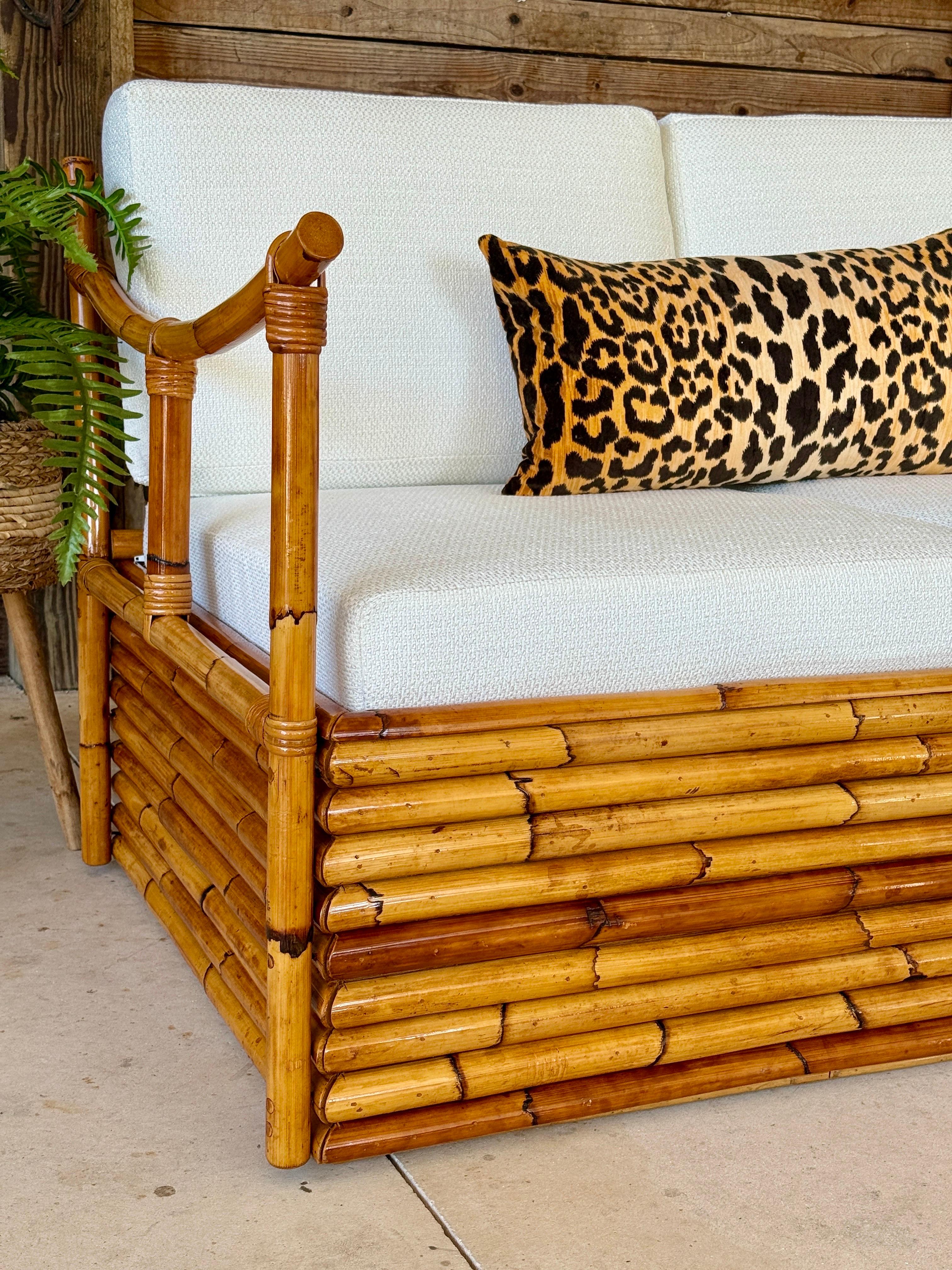 Mid-20th Century Monumental Restored Stacked Rattan Sofa With Custom Upholstery For Sale 9