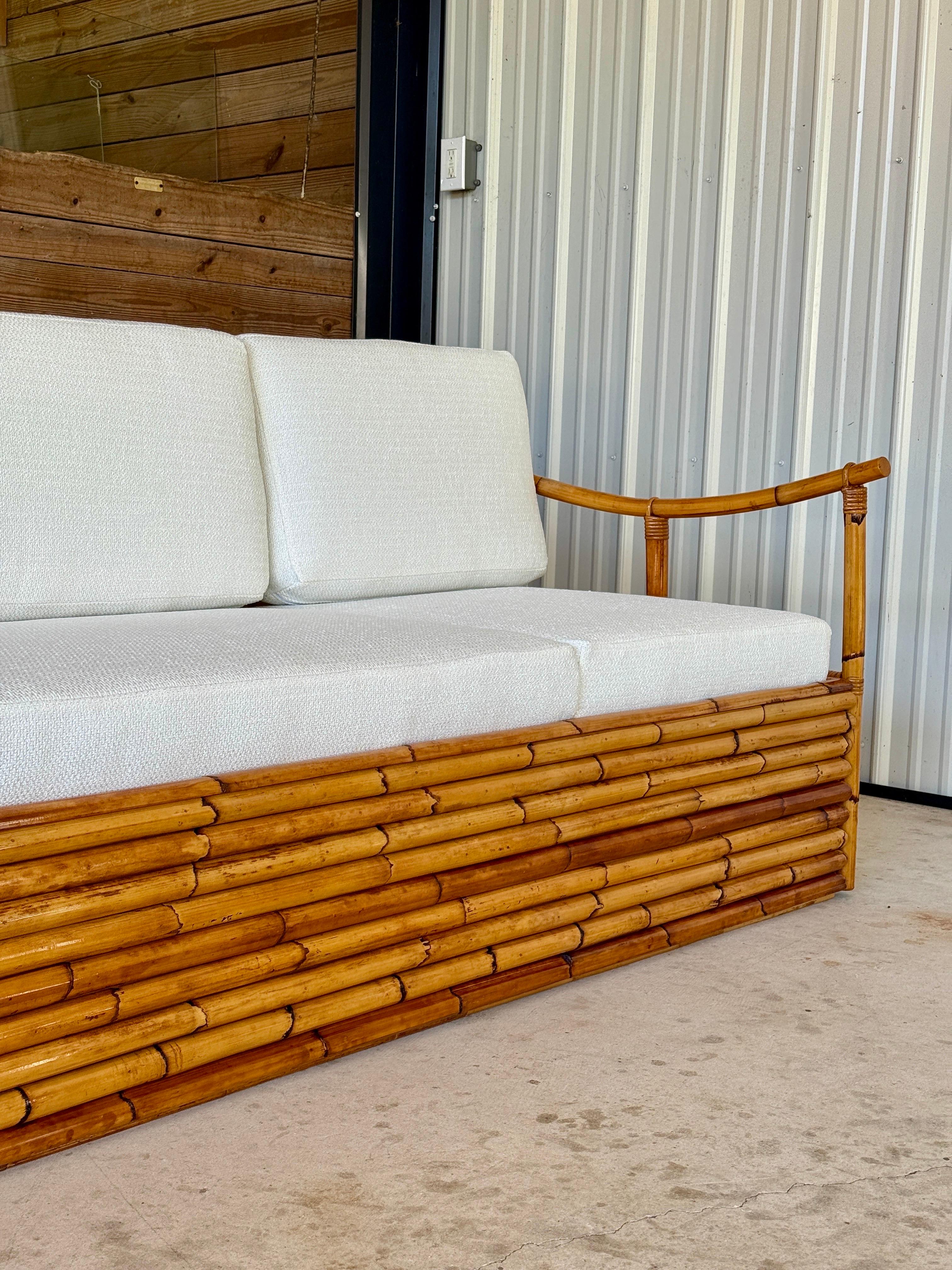 Mid-20th Century Monumental Restored Stacked Rattan Sofa With Custom Upholstery For Sale 10