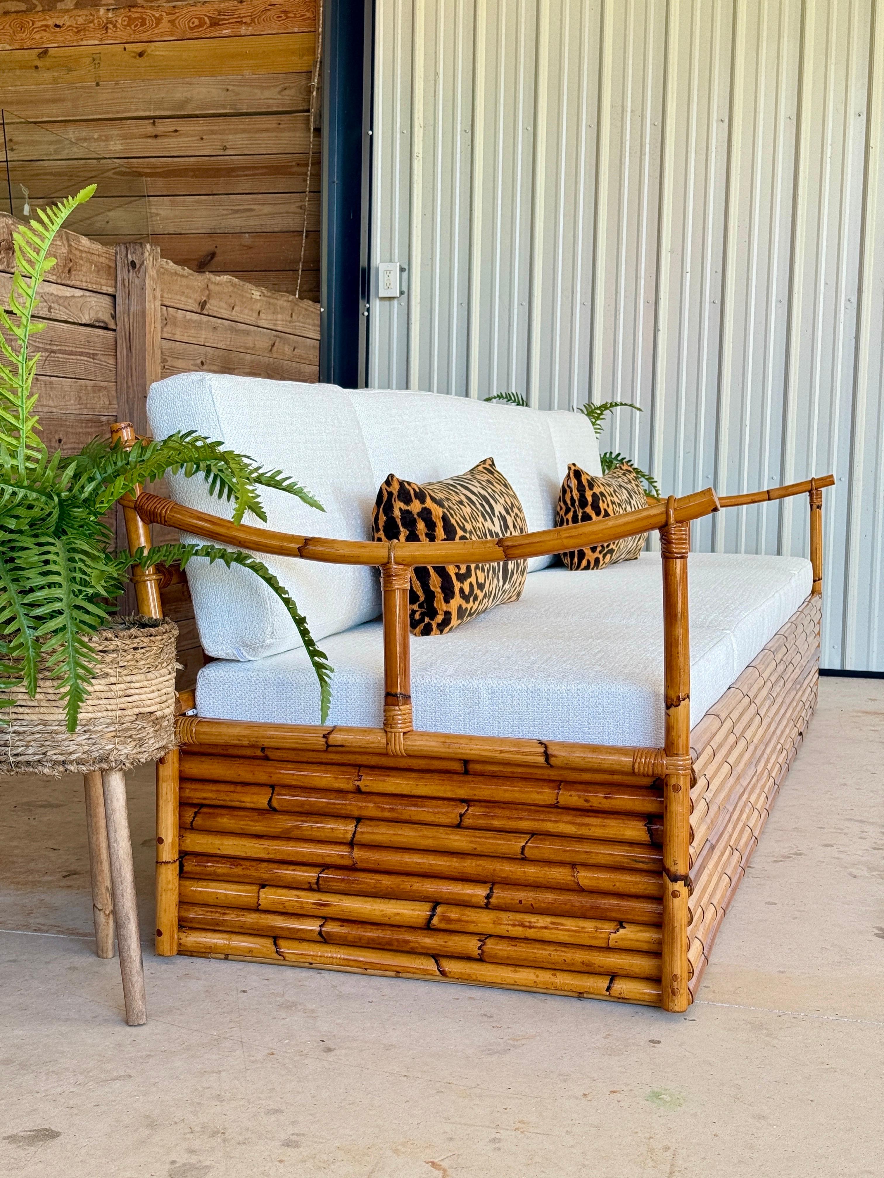 Mid-20th Century Monumental Restored Stacked Rattan Sofa With Custom Upholstery For Sale 12