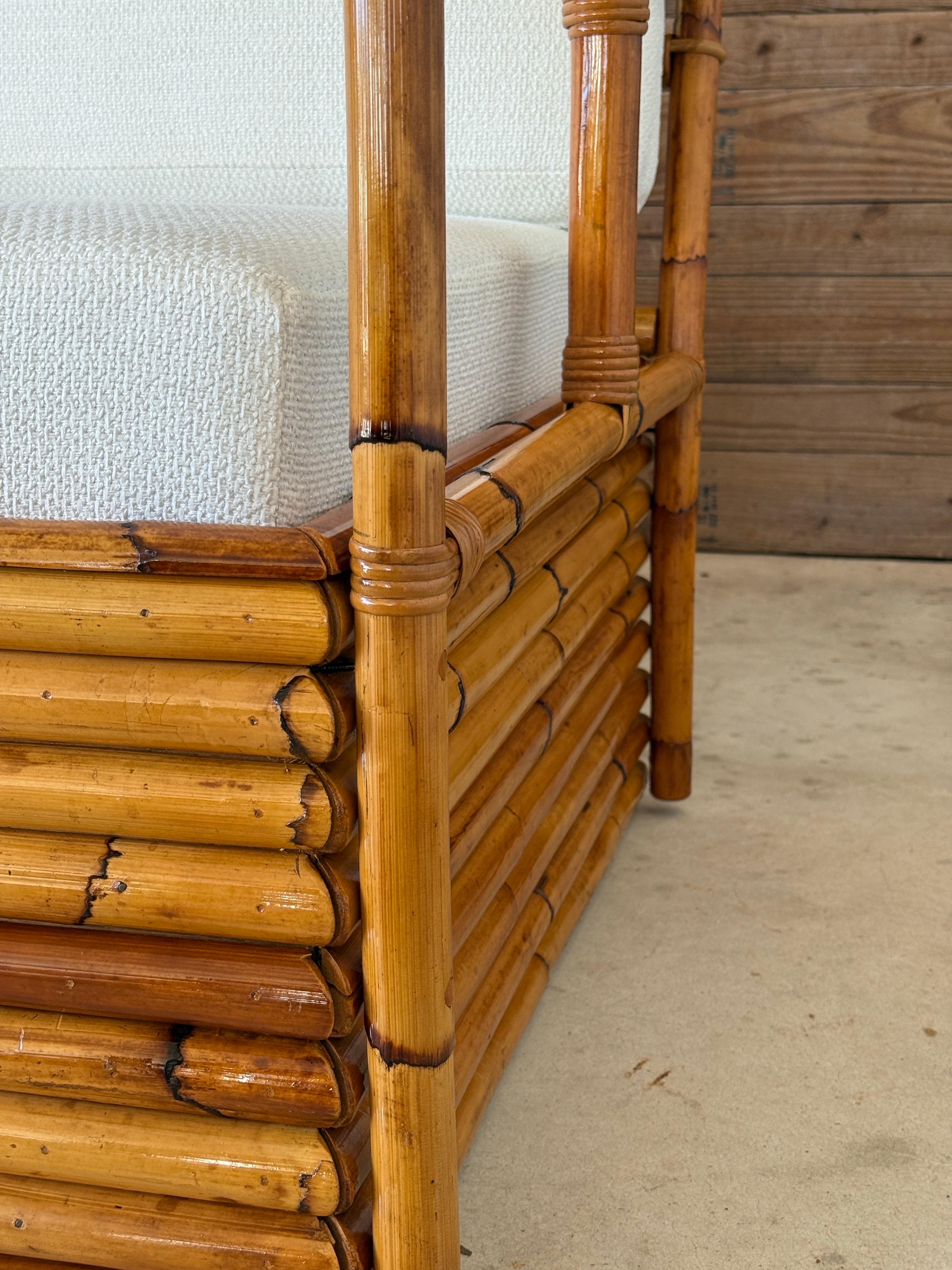 Mid-Century Modern Mid-20th Century Monumental Restored Stacked Rattan Sofa With Custom Upholstery For Sale