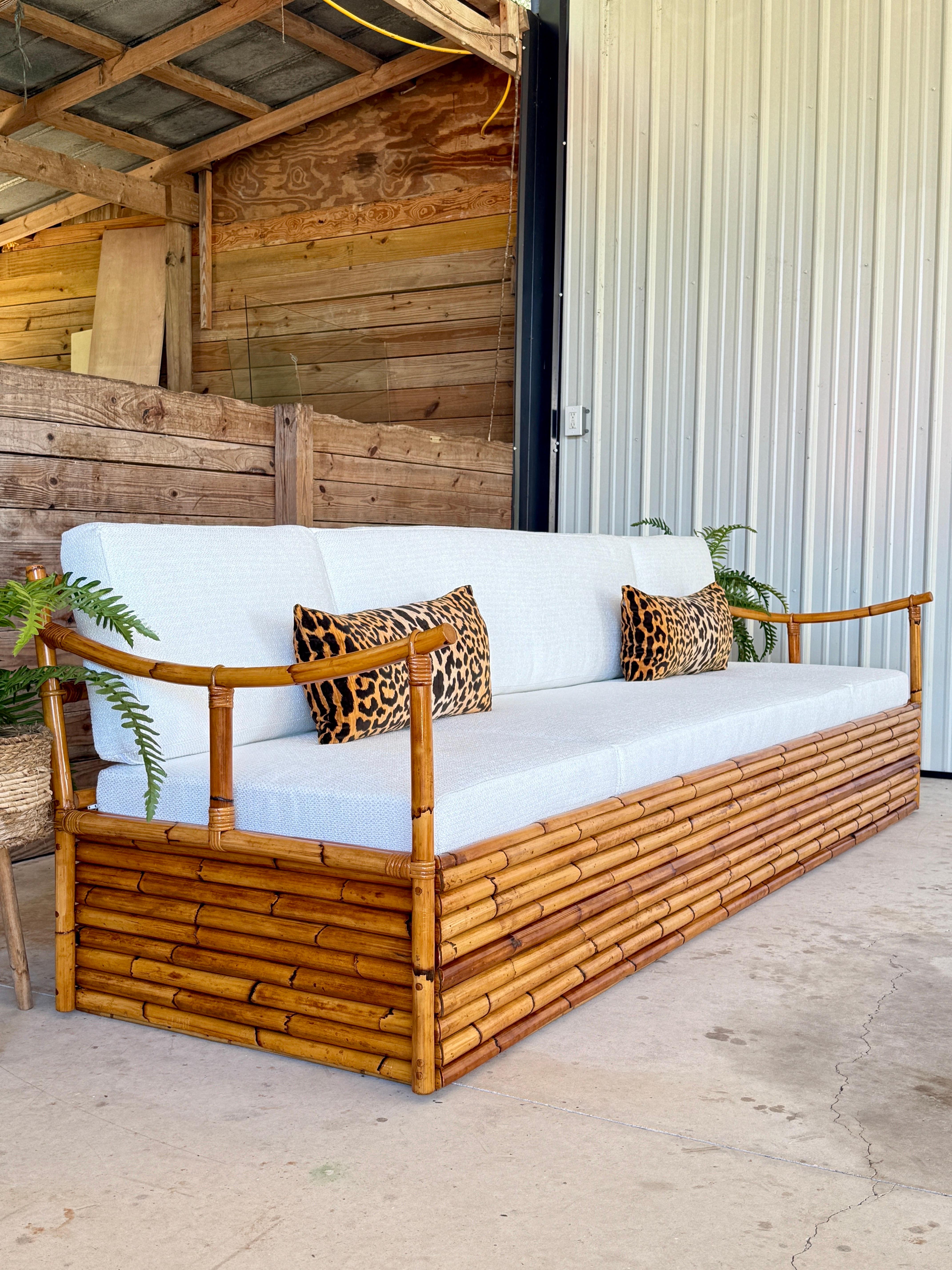 Unknown Mid-20th Century Monumental Restored Stacked Rattan Sofa With Custom Upholstery For Sale